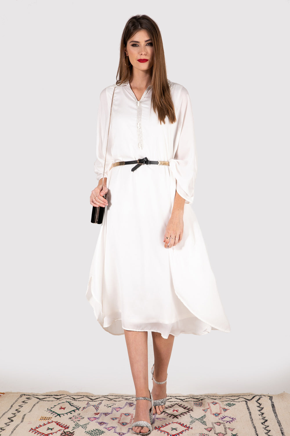 Gandoura Elva collared dress in white - diamantine-uk