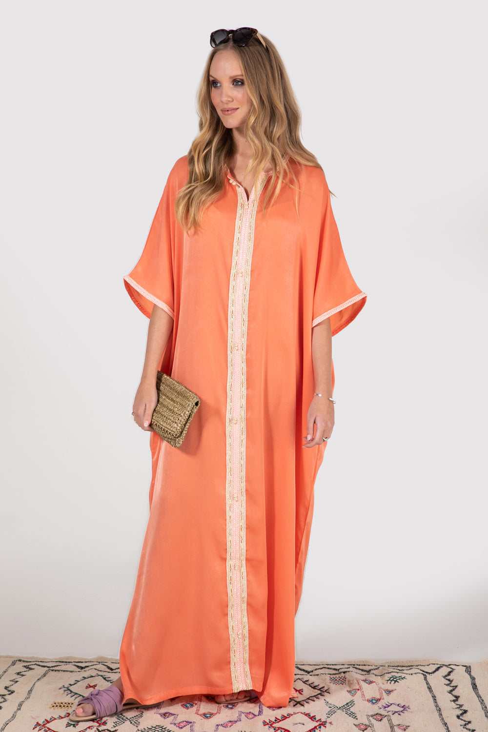 Kaftan Sacree High Neck Cropped Sleeve Lightweight Embroidered Satin Maxi Dress in Salmon