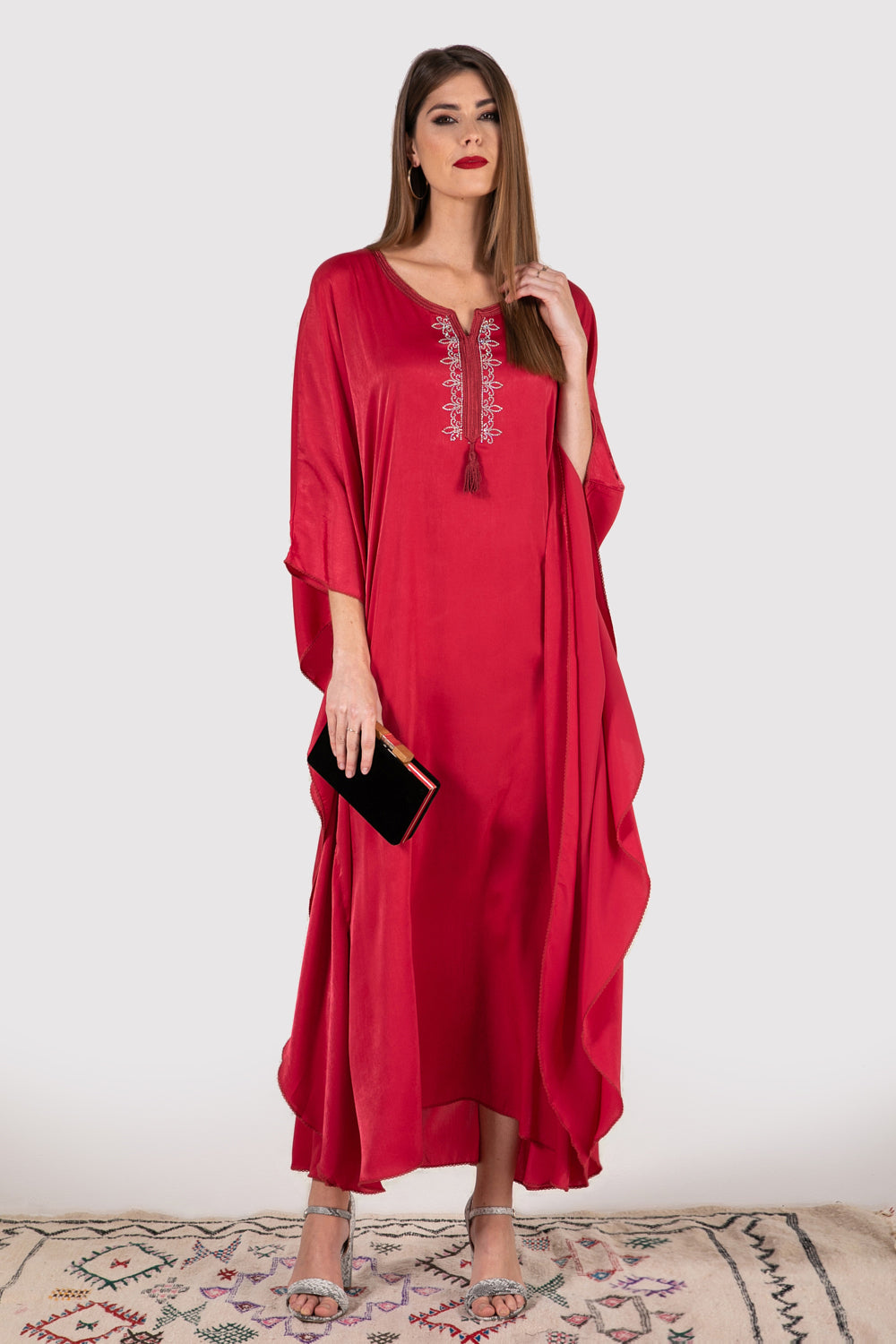 Gandoura Satin Cherine in Red - diamantine-uk