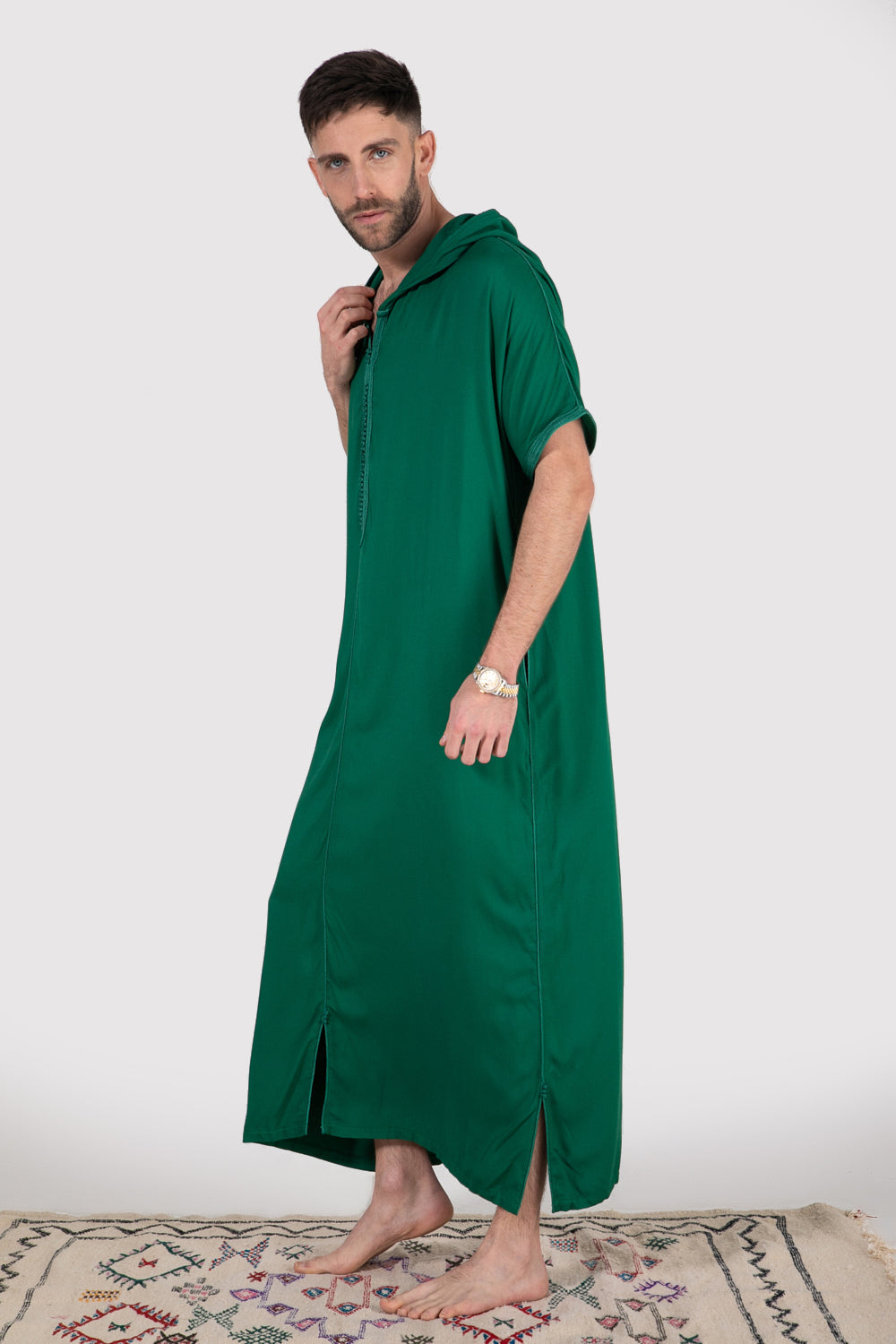 Gandoura Vanity Men's Hooded Robe Casual Short Sleeve Thobe in Green