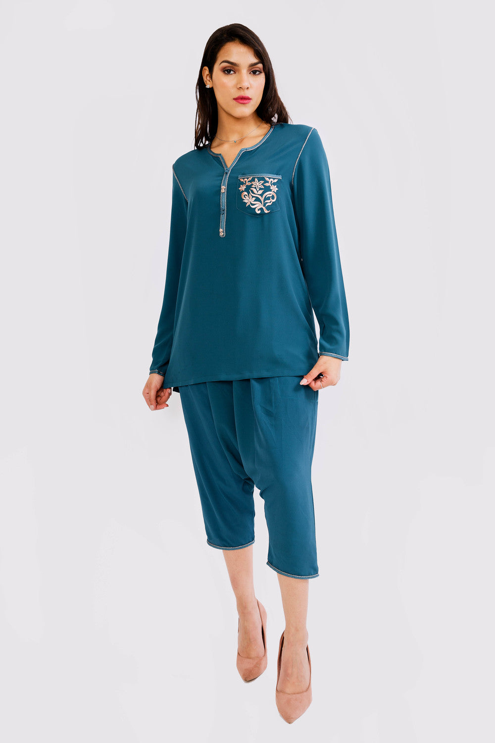 Morjana Jabador Co-Ord Set Top & Trousers in Petrol