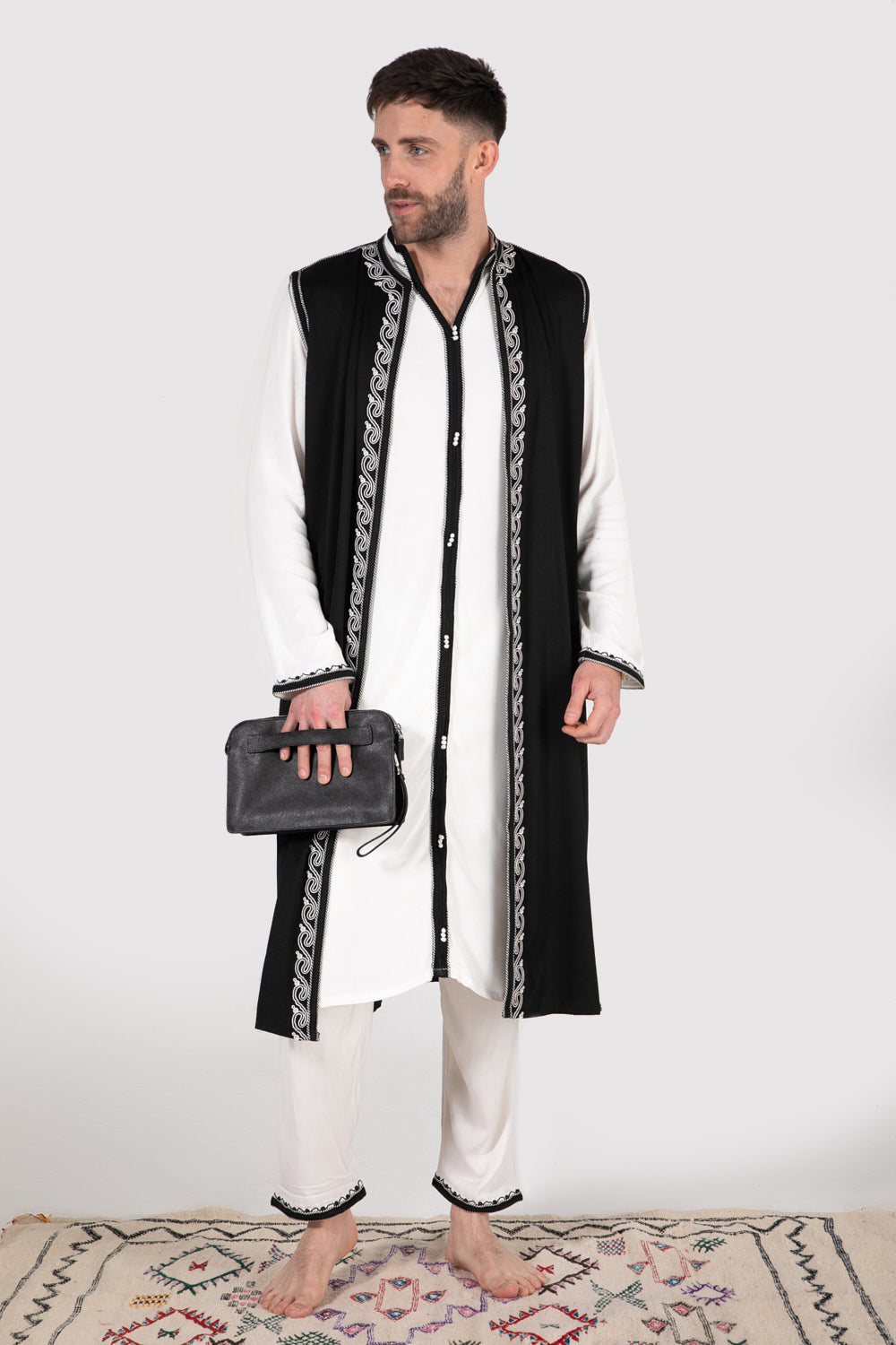 Jabador Achraf Men's Longline Thobe Sleeveless Vest and Trousers Embroidered Co-Ord Set in Black