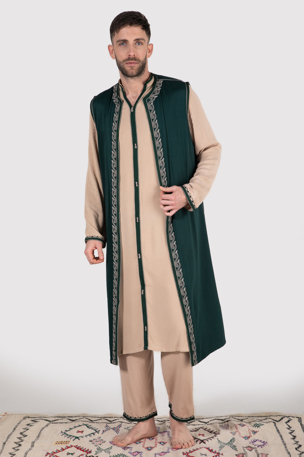 Mens New Jabador Achraf Men's Longline Thobe Long Sleeves Vest and Trousers Embroidered Co-Ord Set in Green
