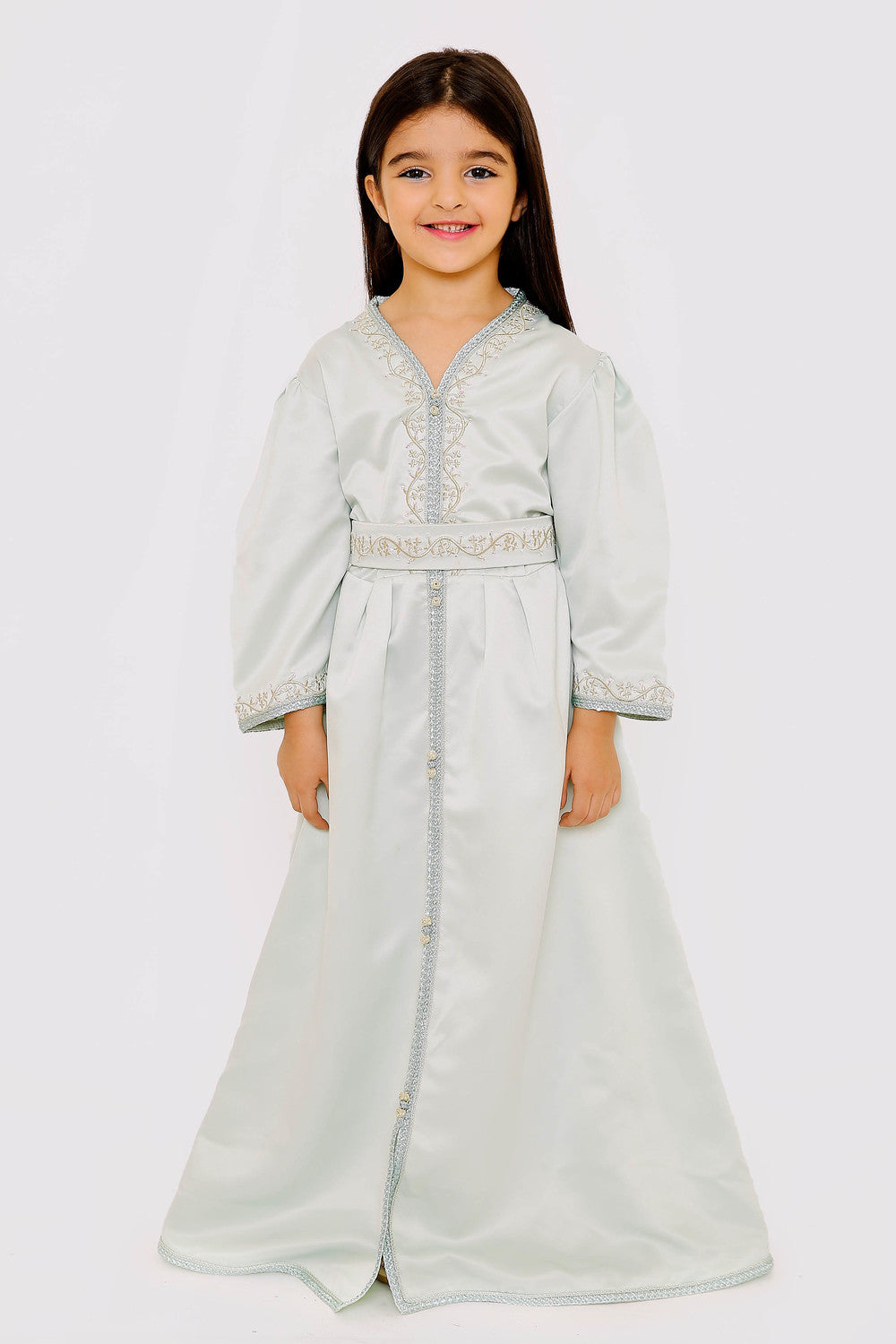 Kaftan Amelle Girl's Long Satin Long Sleeve Maxi Dress in Light Green