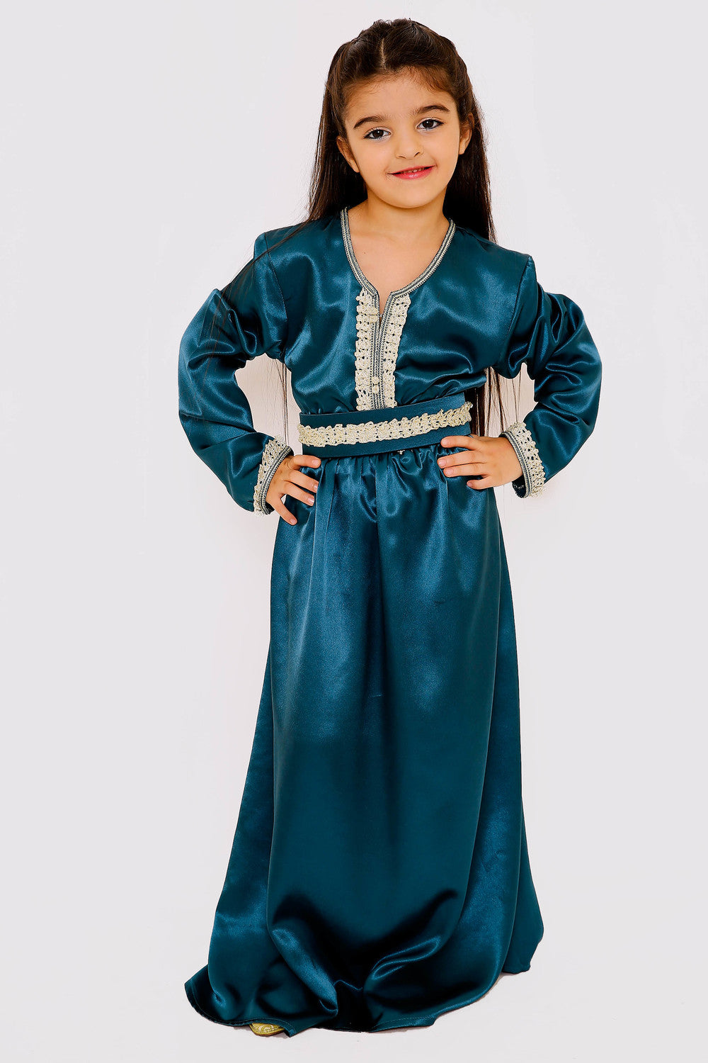 Kaftan Sharazade Girl's Long Sleeve Satin Maxi Dress in Petrol