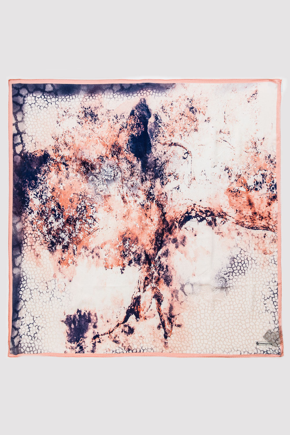 Silk Satin Scarf in Salmon & Grey Print