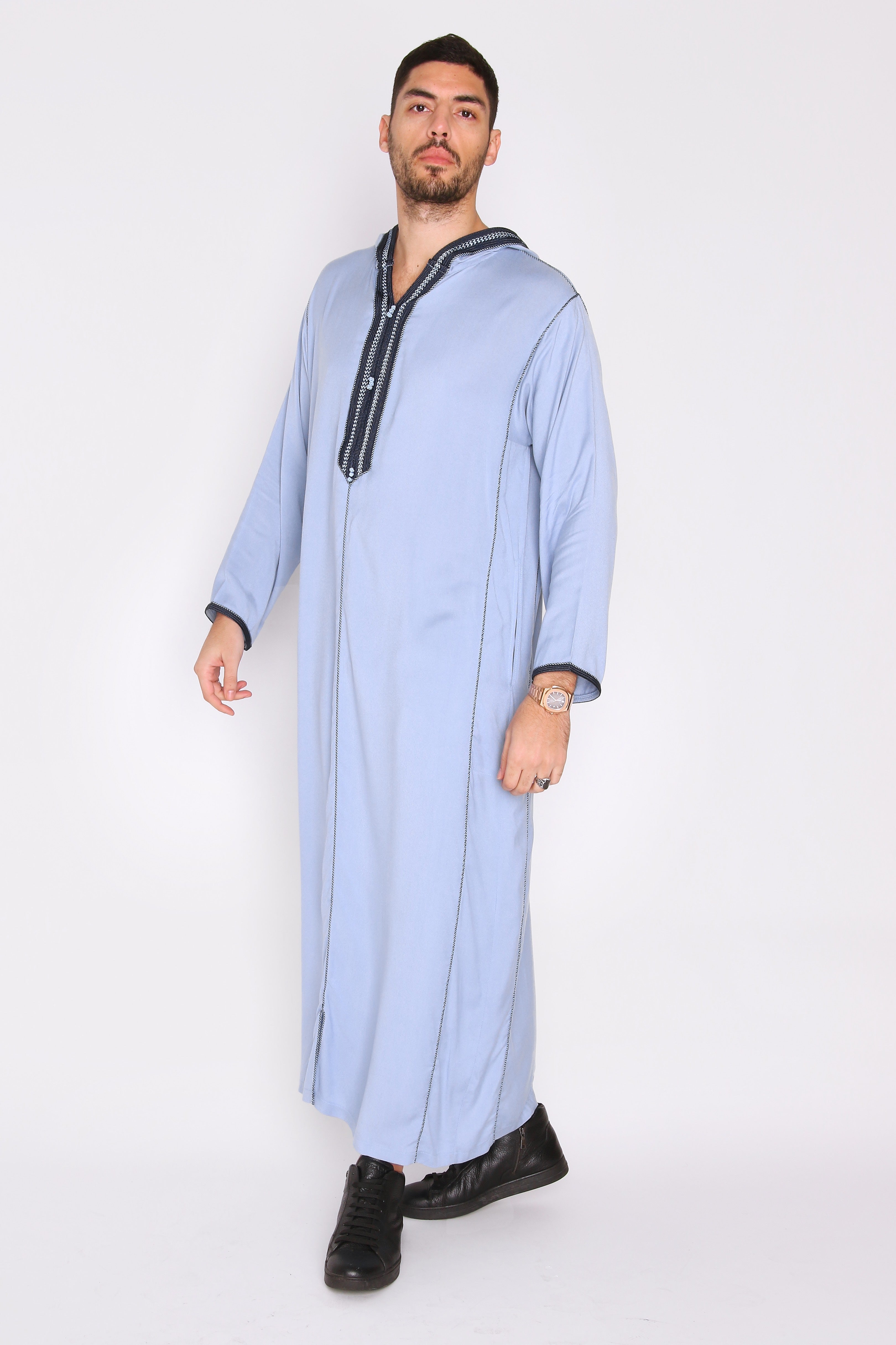 Djellaba Wael Men's Long Sleeve Full-Length Embroidered Hooded Robe Thobe in Blue