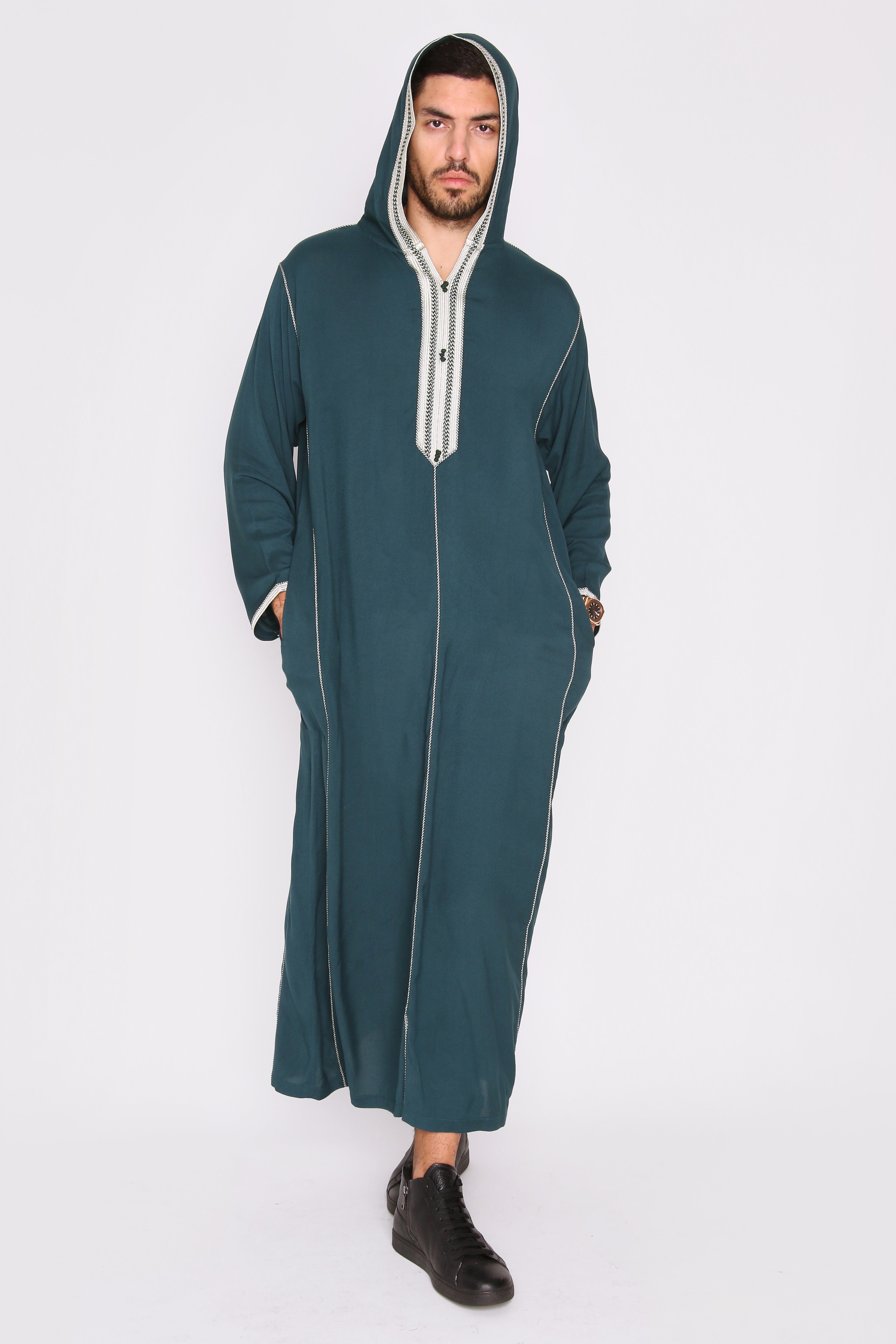 Djellaba Wael Men's Long Sleeve Full-Length Embroidered Hooded Robe Thobe in Green