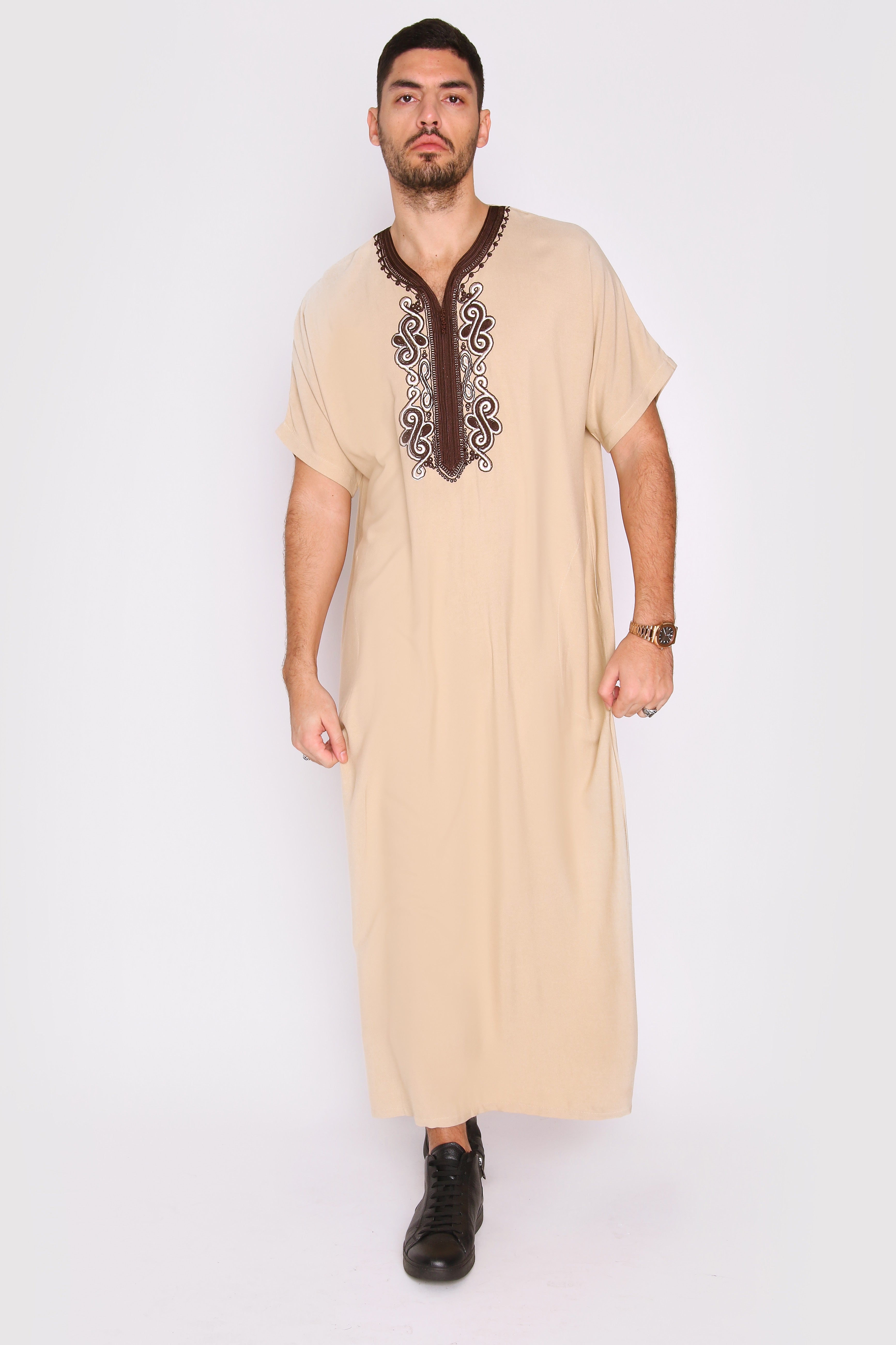Gandoura Haitham Men's Short Sleeve Full-Length Embroidered Robe Casual Thobe in Beige