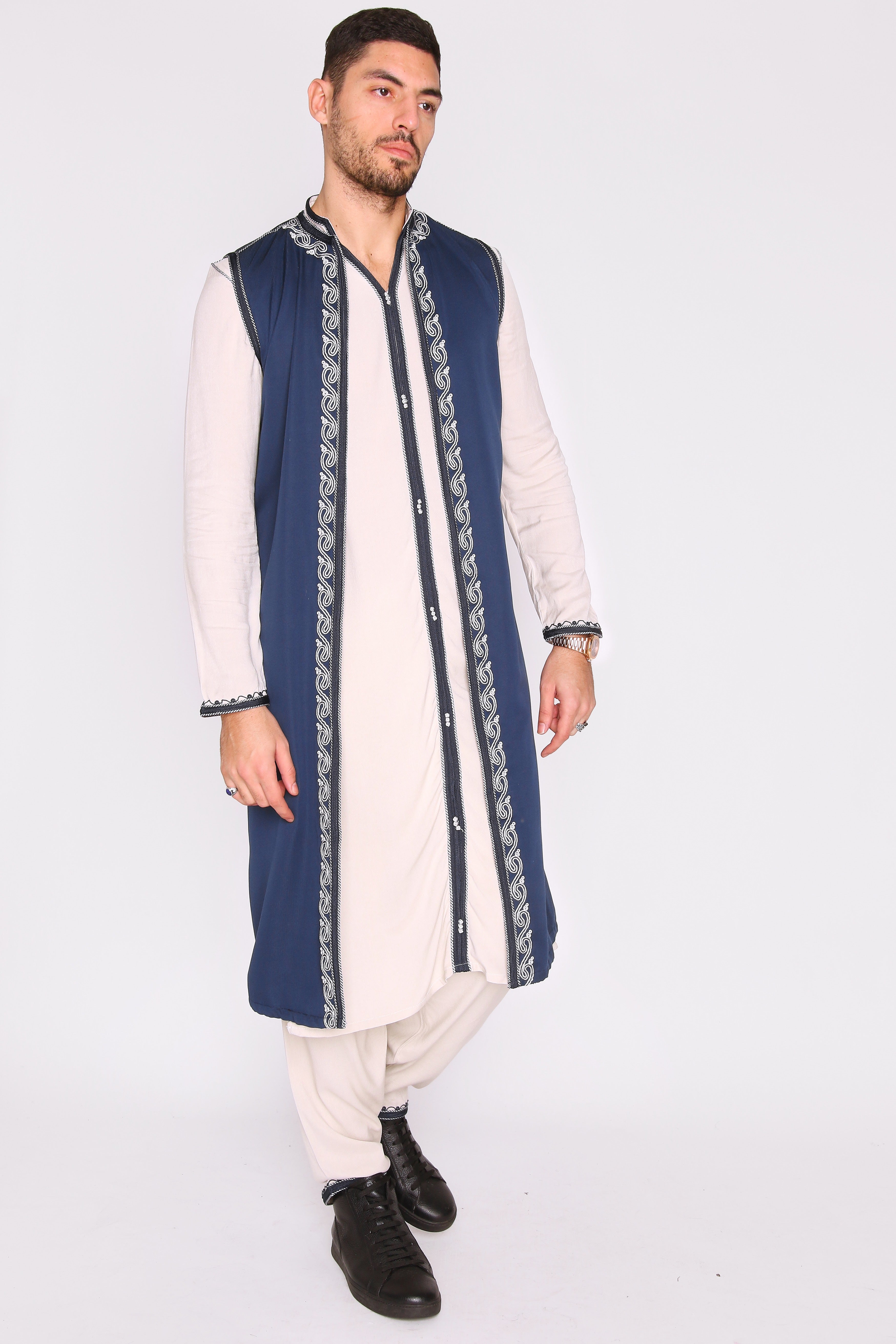 Jabador Achraf Men's Longline Thobe Sleeveless Vest and Trousers Embroidered Co-Ord Set in Blue