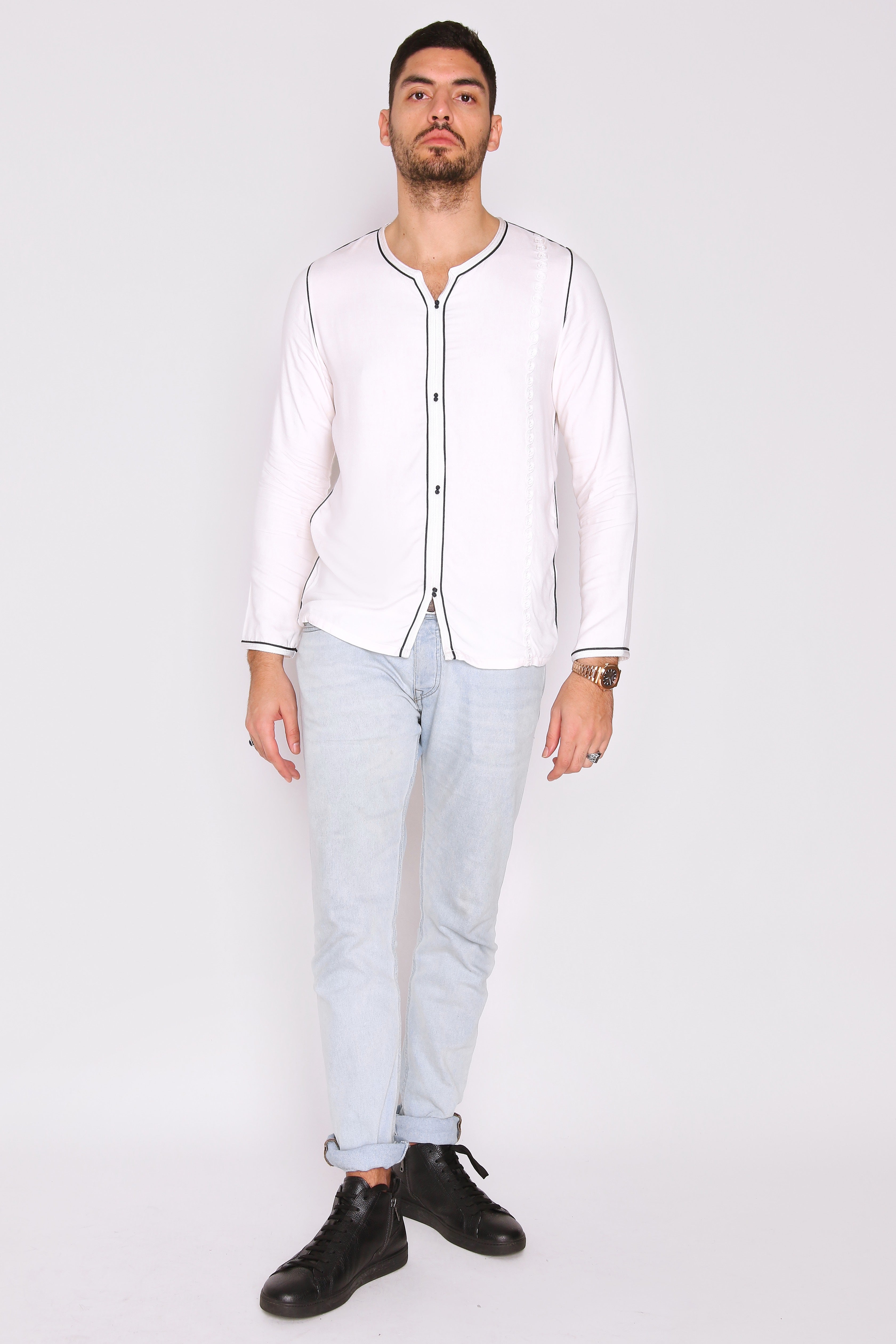 Houssni Embroidered Collarless Men's Button-Up Shirt in White