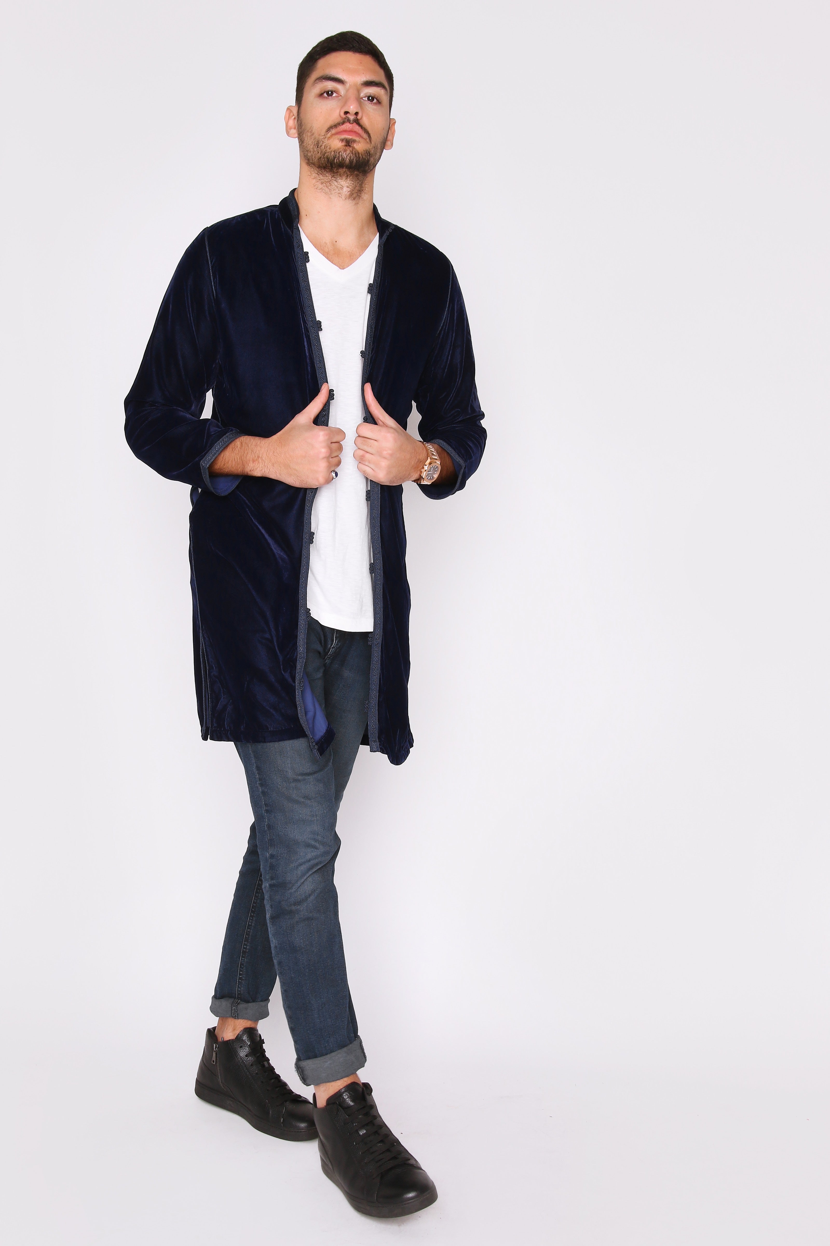 Aziz Longline Men's Velour Collarless Jacket in Marine Blue