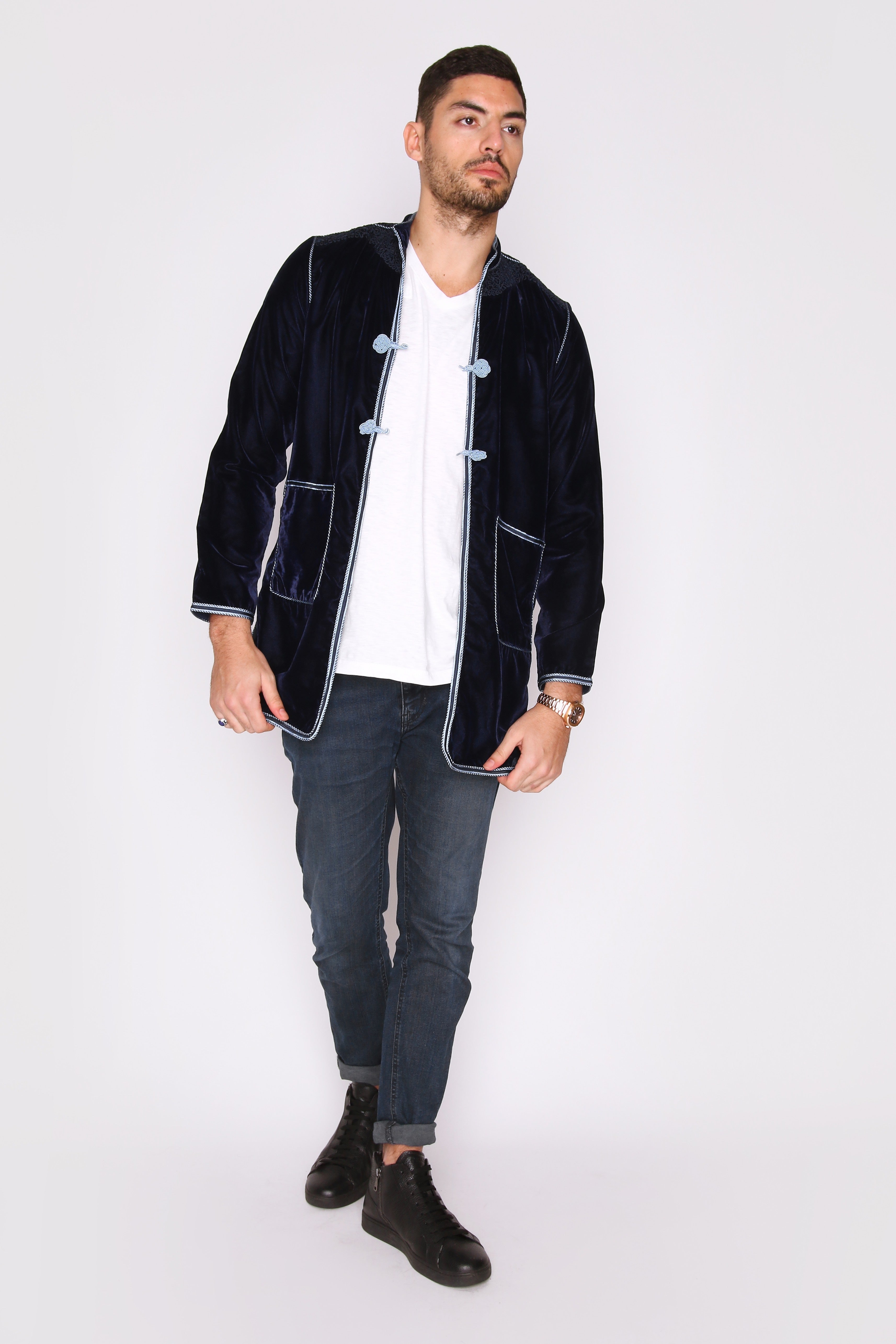 Opacto Men's Velour Longline Jacket in Navy with Contrast Light Blue Stitching
