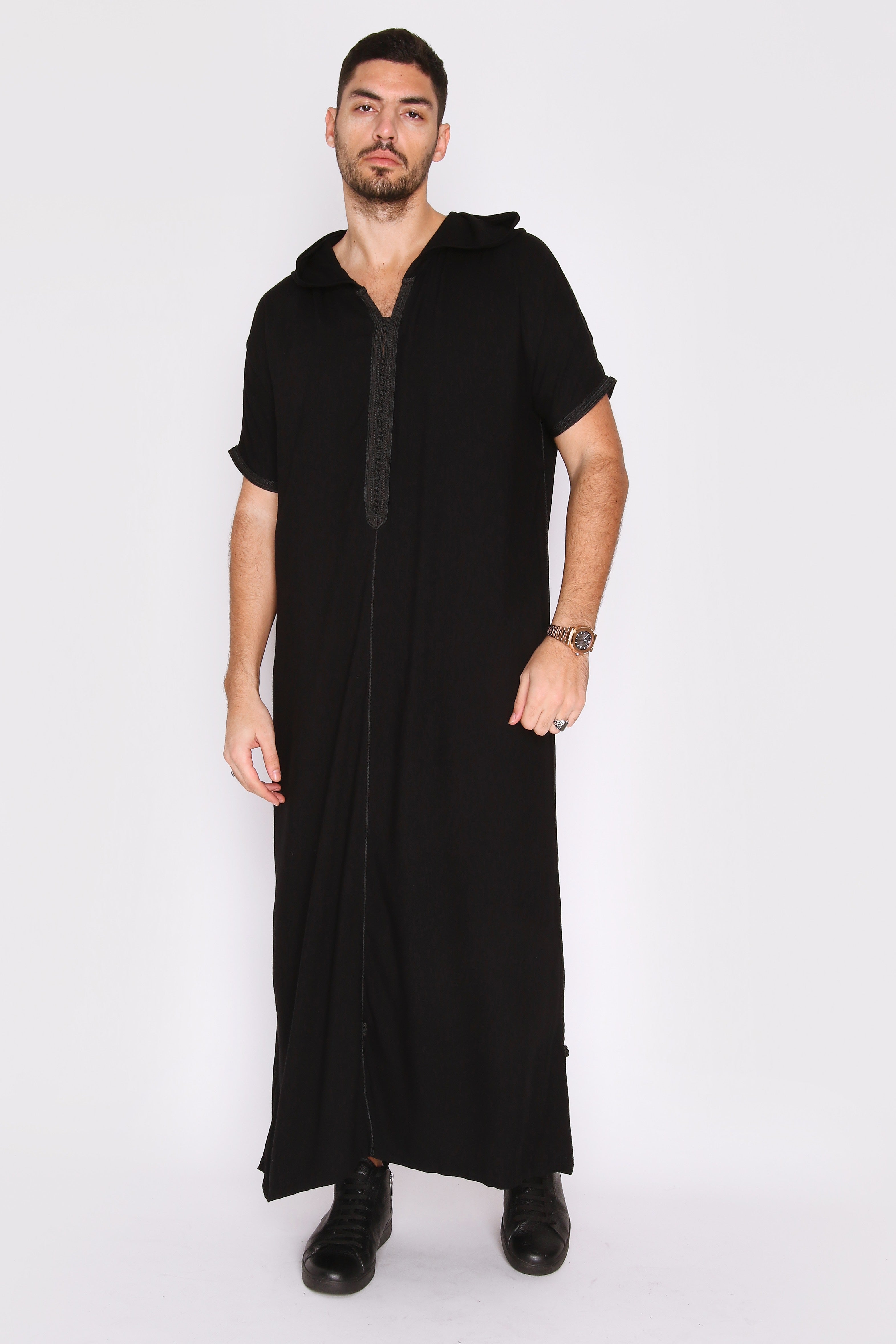 Gandoura Vanity Men's Hooded Robe Casual Short Sleeve Thobe in Black