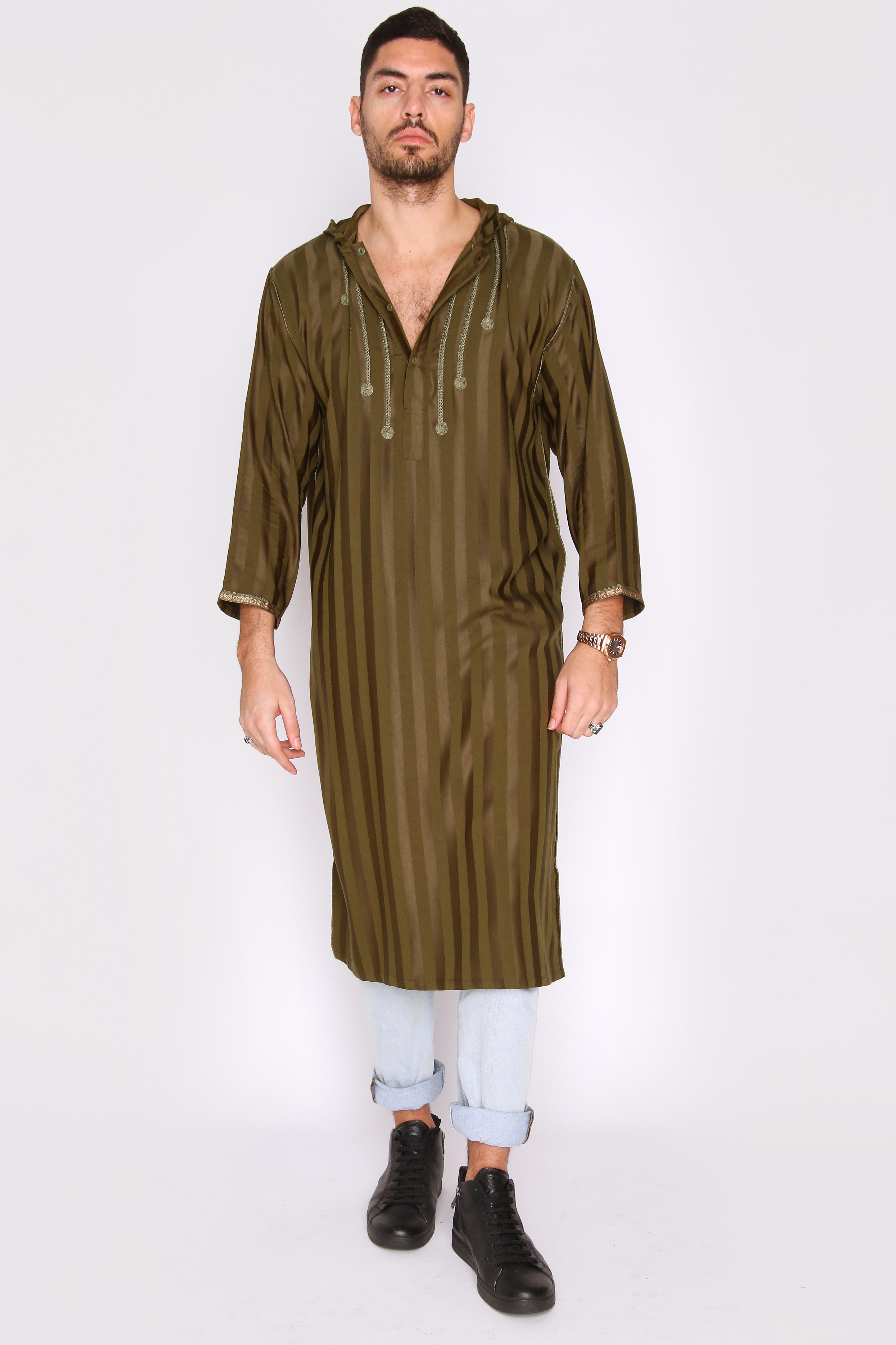 Djellaba Kadir Men's Hooded Cropped Length Long Sleeve Robe Thobe in Stripe Brown