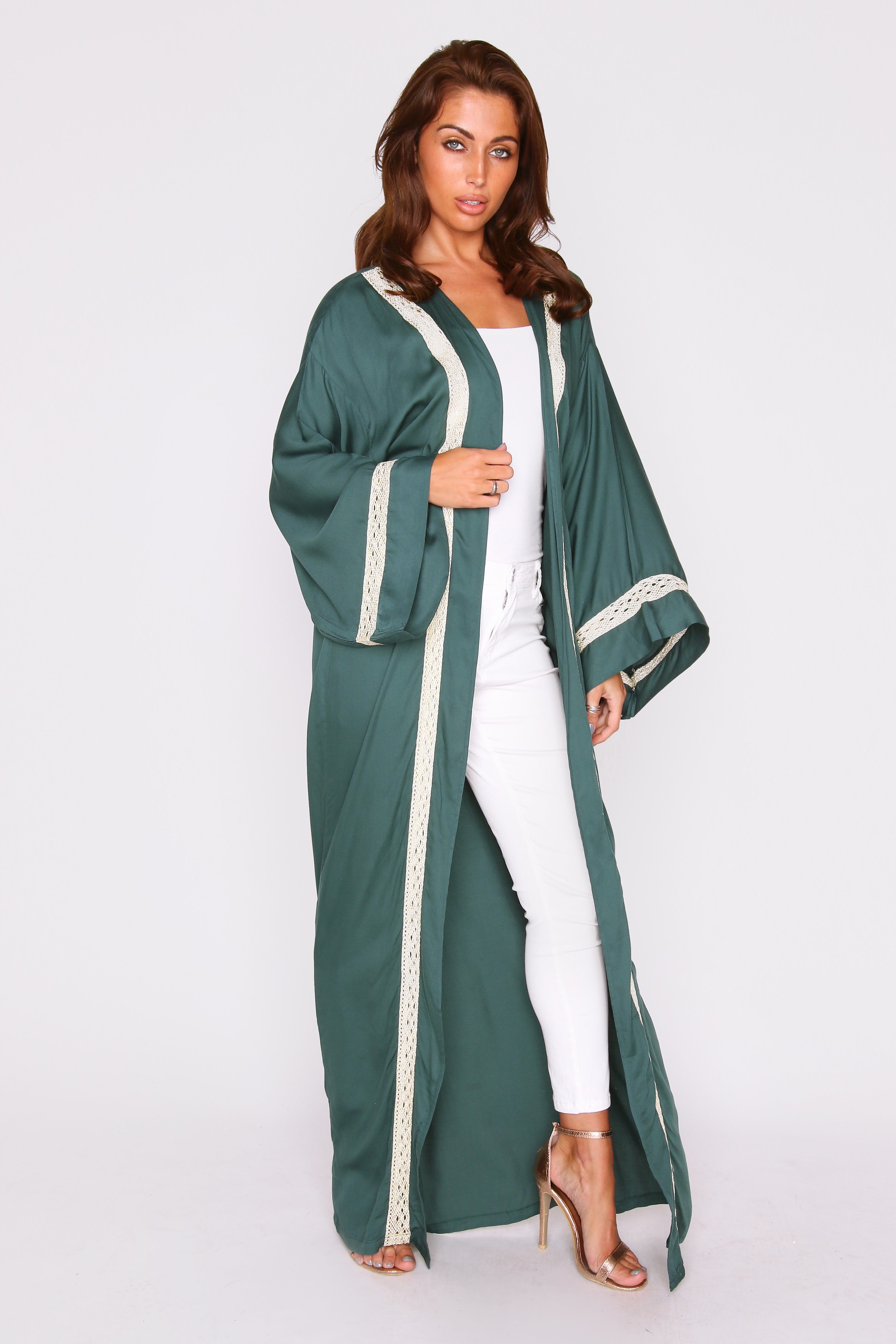 Florina Metallic Contrast Trim Lightweight Long Sleeve Maxi Length Duster Jacket in Green
