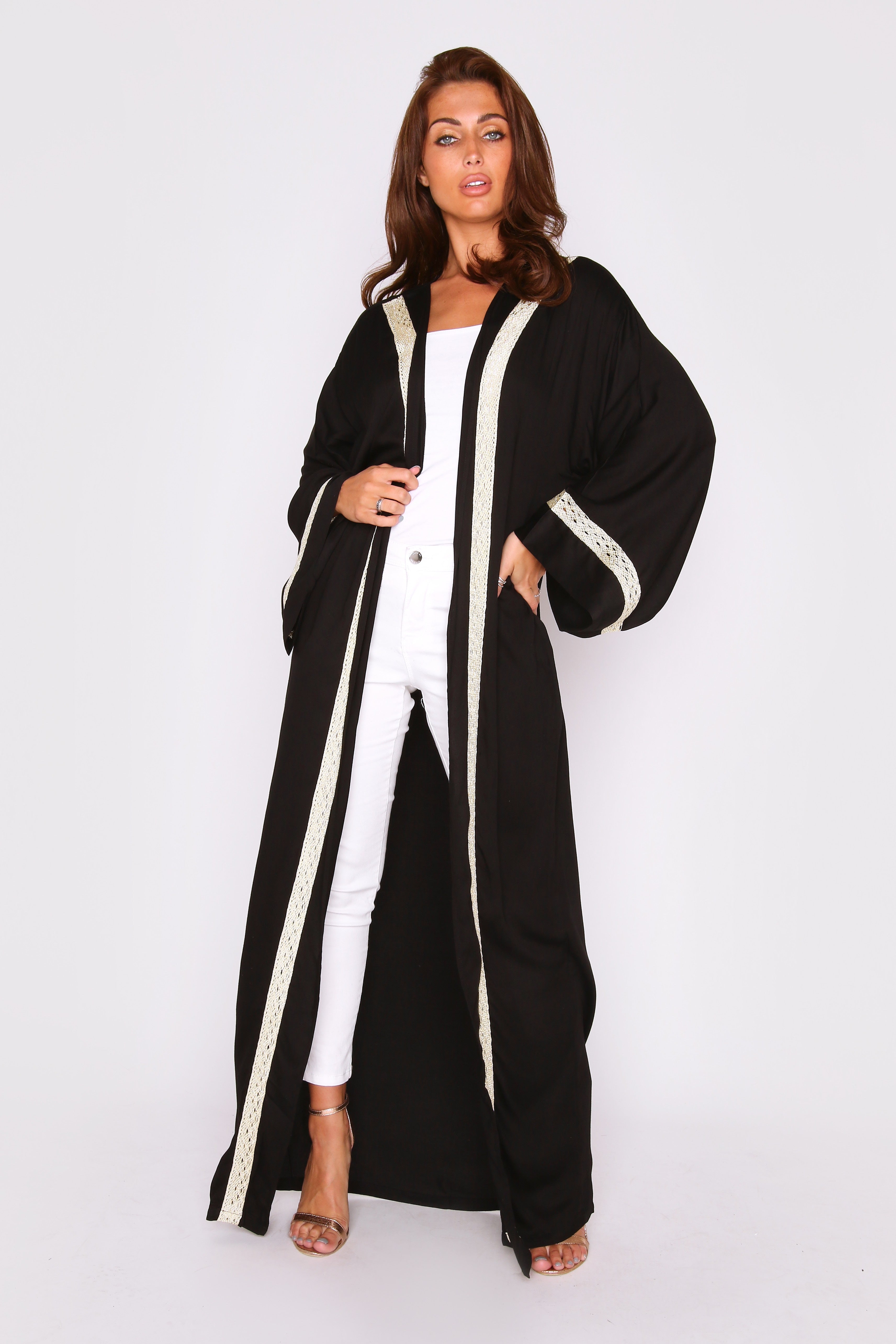 Florina Metallic Contrast Trim Lightweight Long Sleeve Maxi Length Duster Jacket in Black