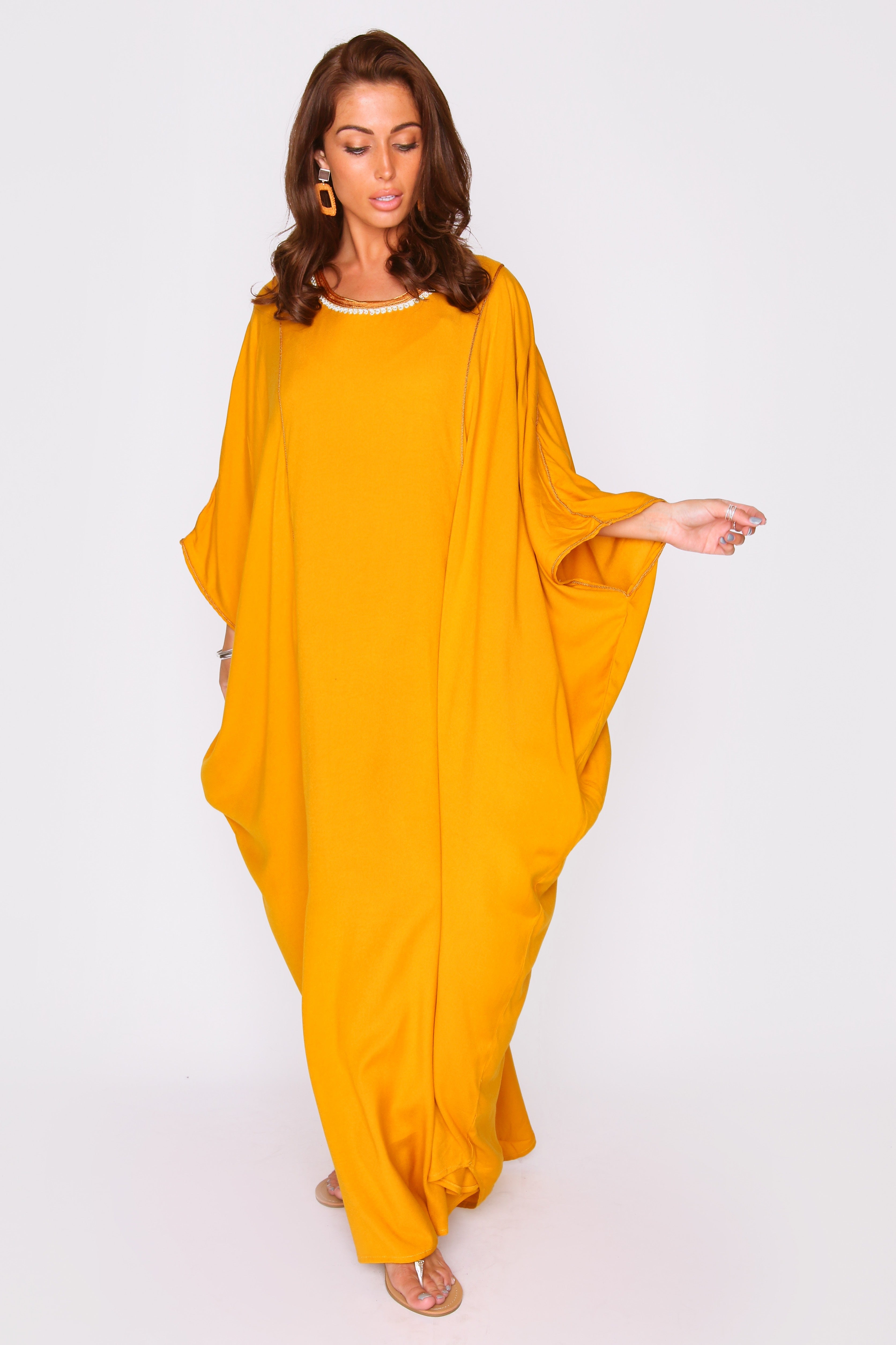 Kaftan Nasma Embroidered Round Neck Long Batwing Sleeve Dress in Mustard