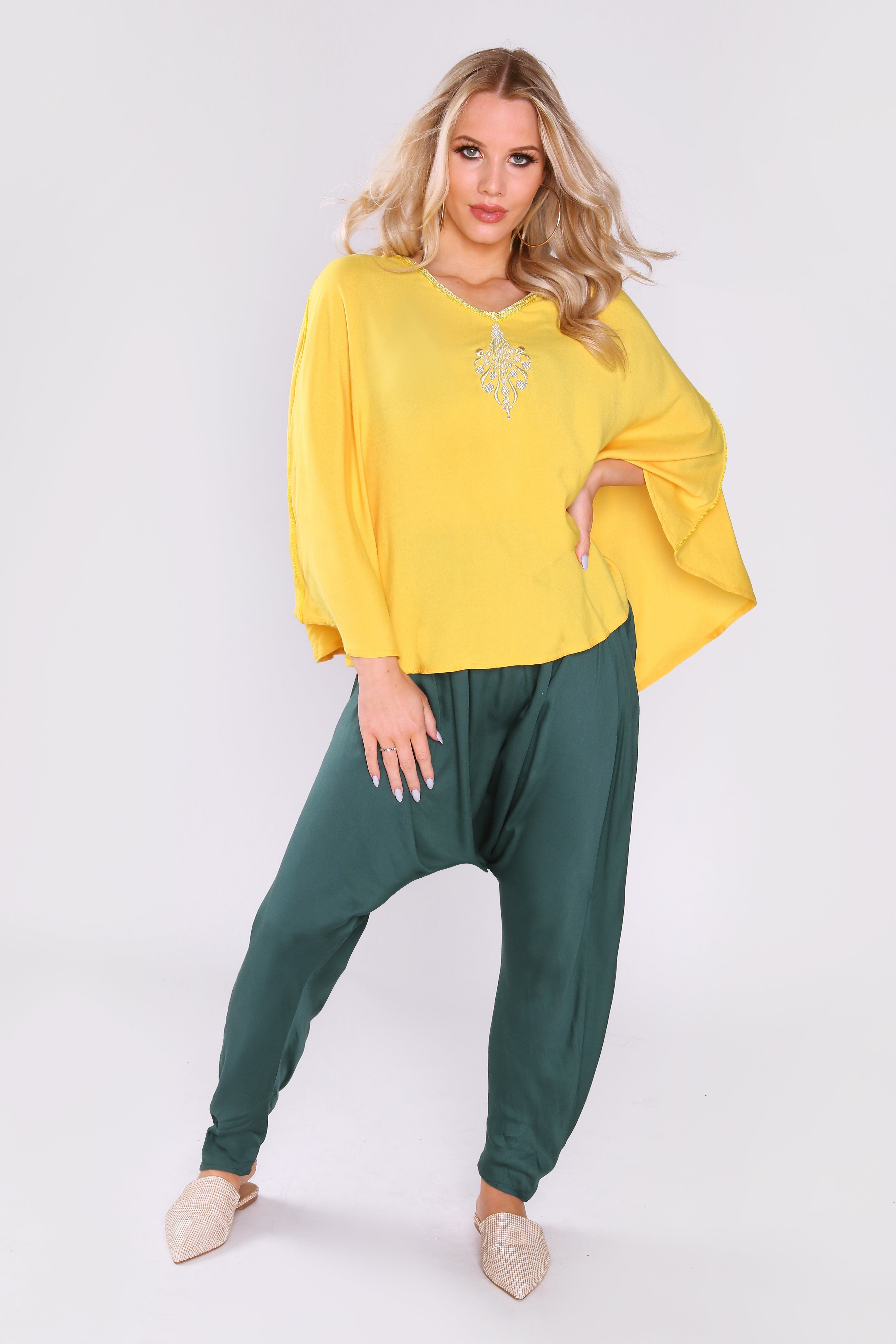 Jabador Anissa Long Batwing Sleeve Tunic Top and Harem Trousers Co-Ord Set in Yellow