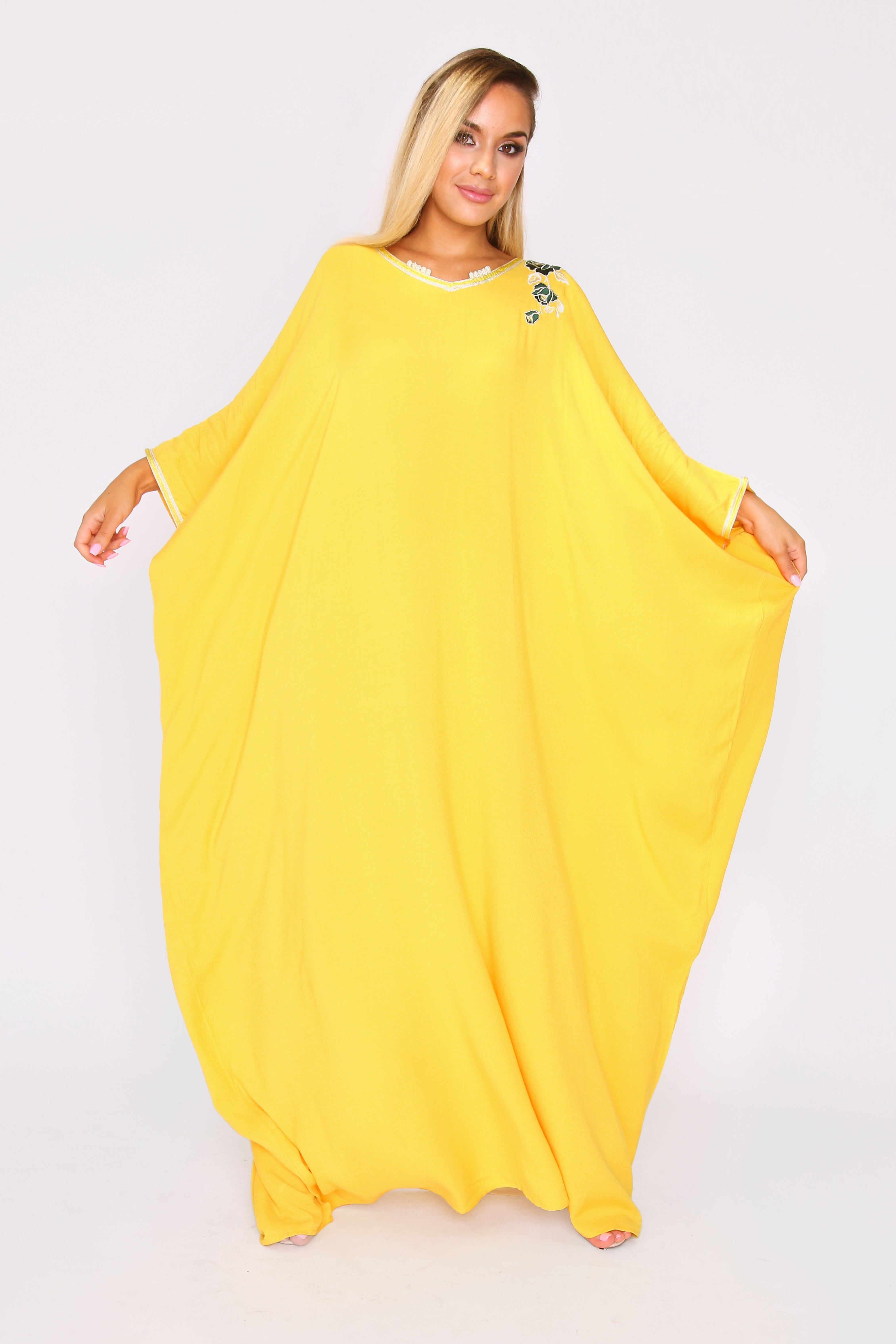 Kaftan Appoline Oversized V-Neck Long Sleeve Full-Length Long Maxi Dress in Yellow