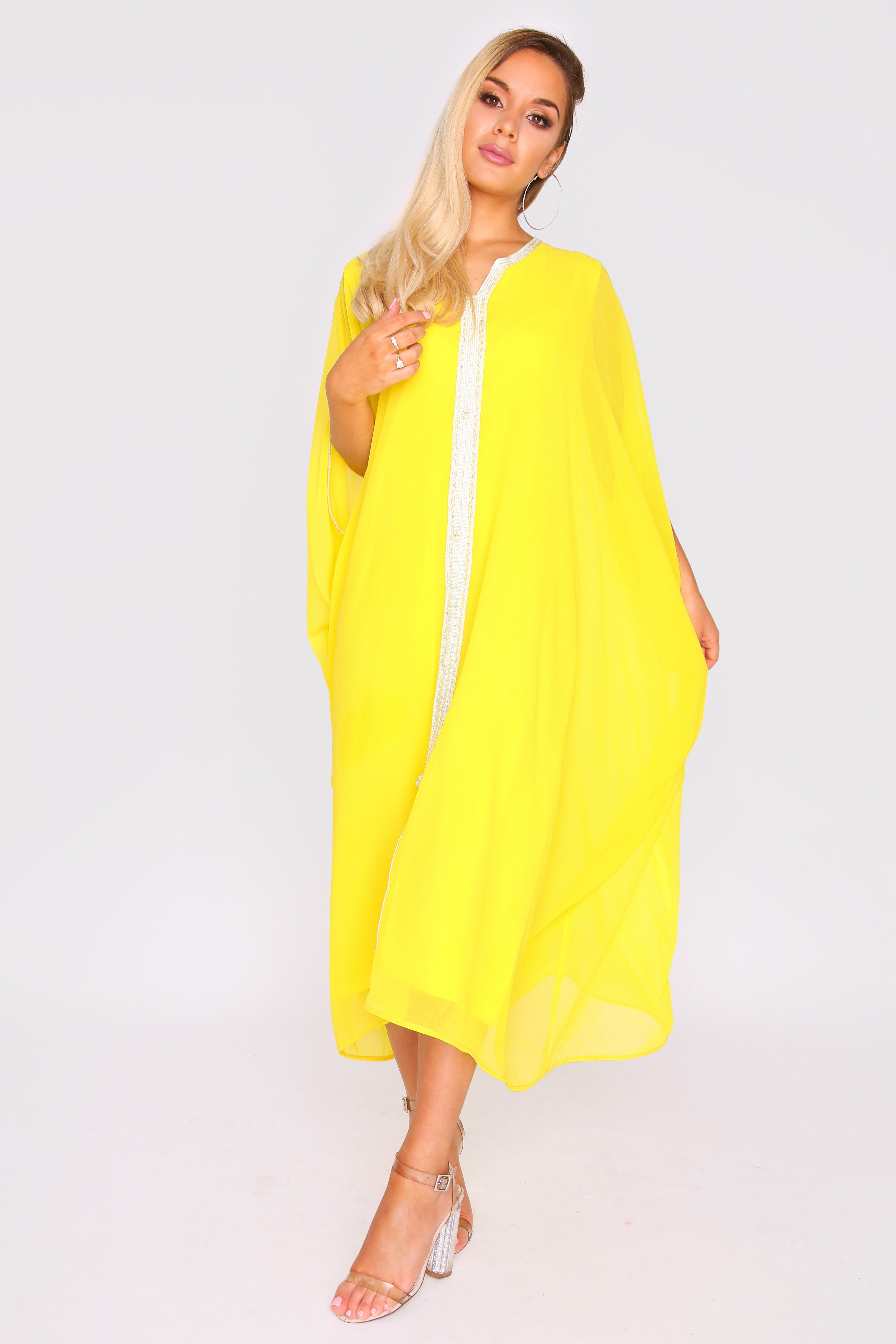Kaftan Cassandra Short Sheer Sleeve Midi Knee-Length Dress in Yellow