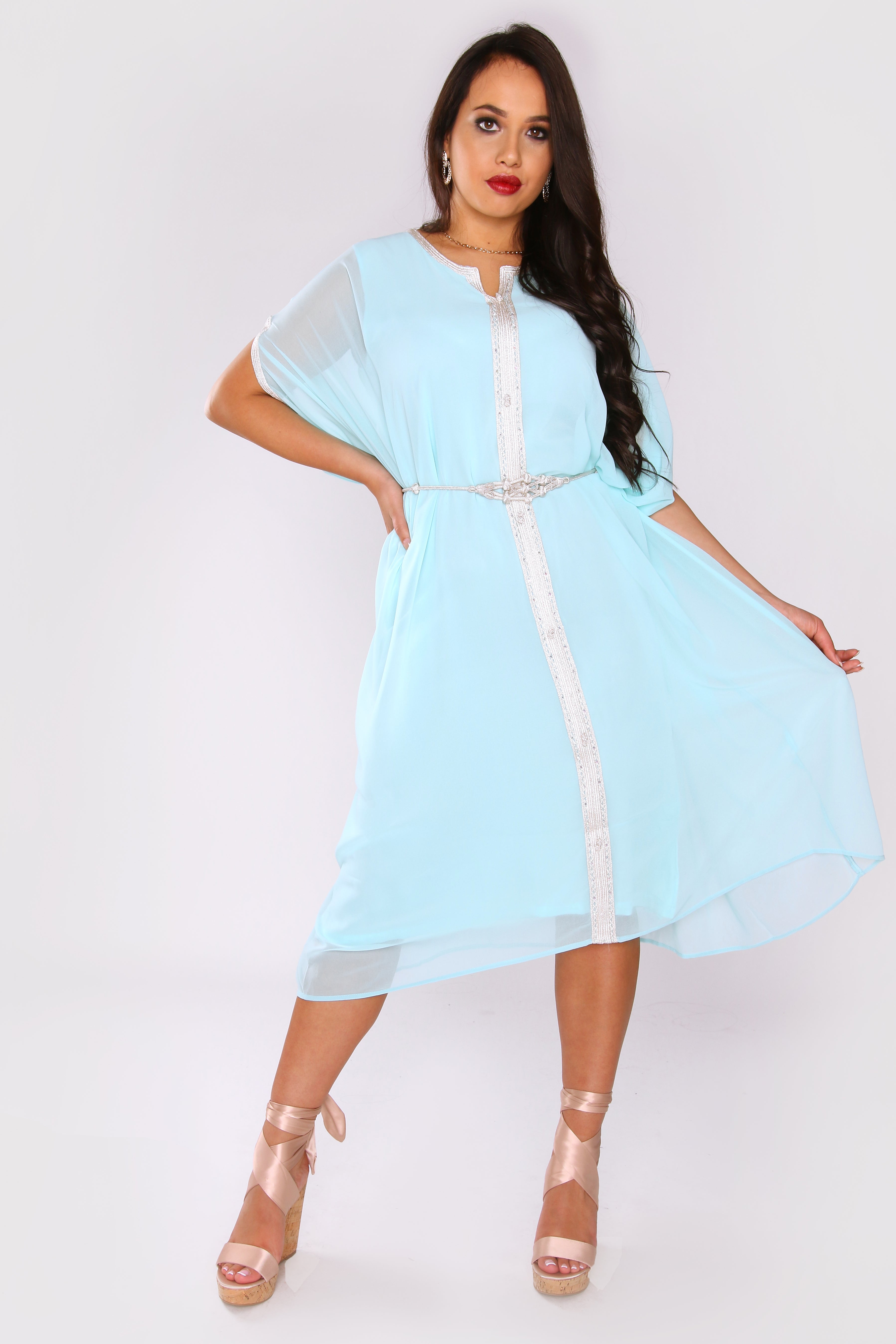 Kaftan Cassandra Short Sheer Sleeve Midi Knee-Length Dress in Blue