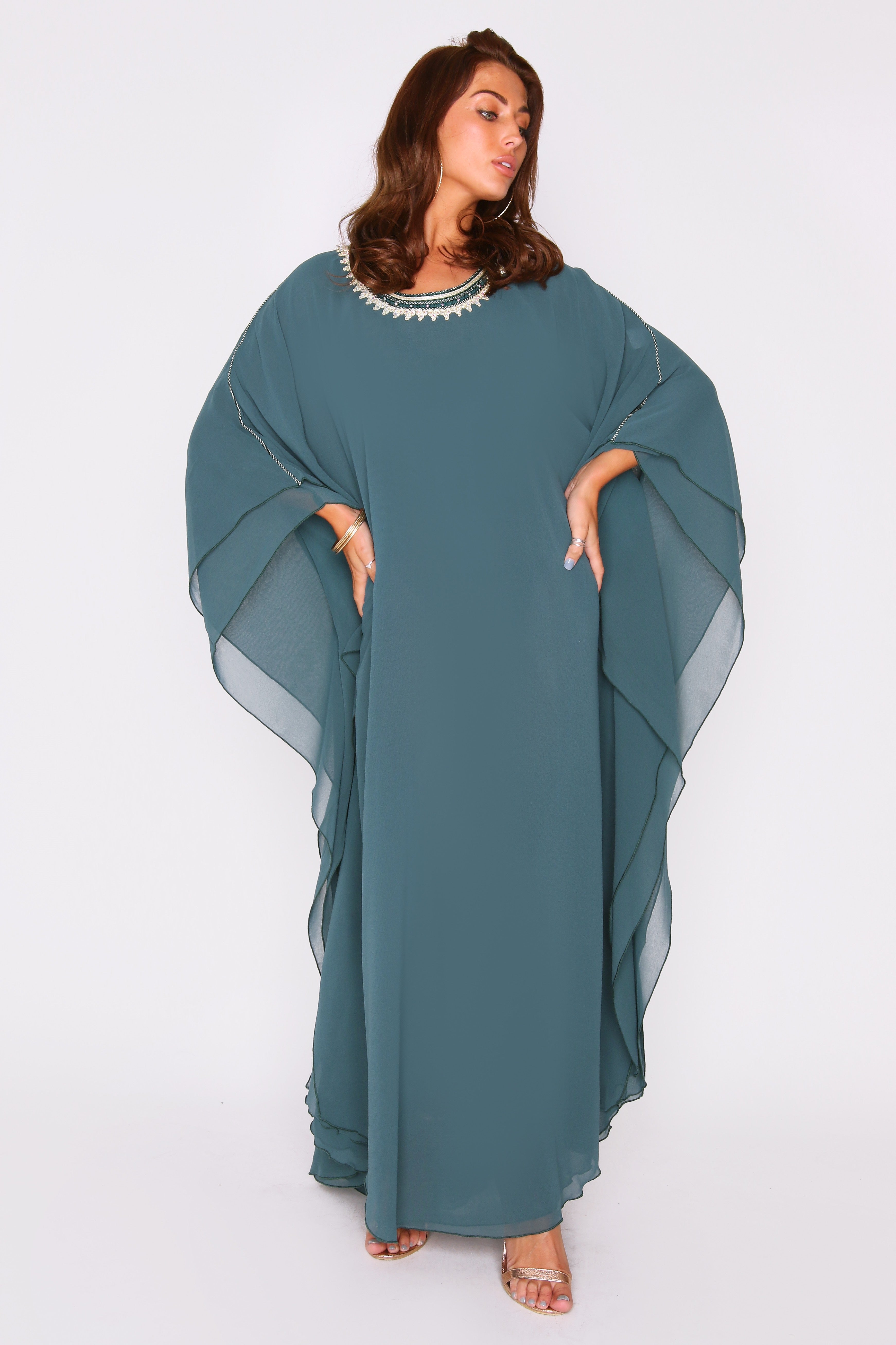 Kaftan Helene High Neck Batwing Long Sleeve Full-Length Maxi Dress in Green
