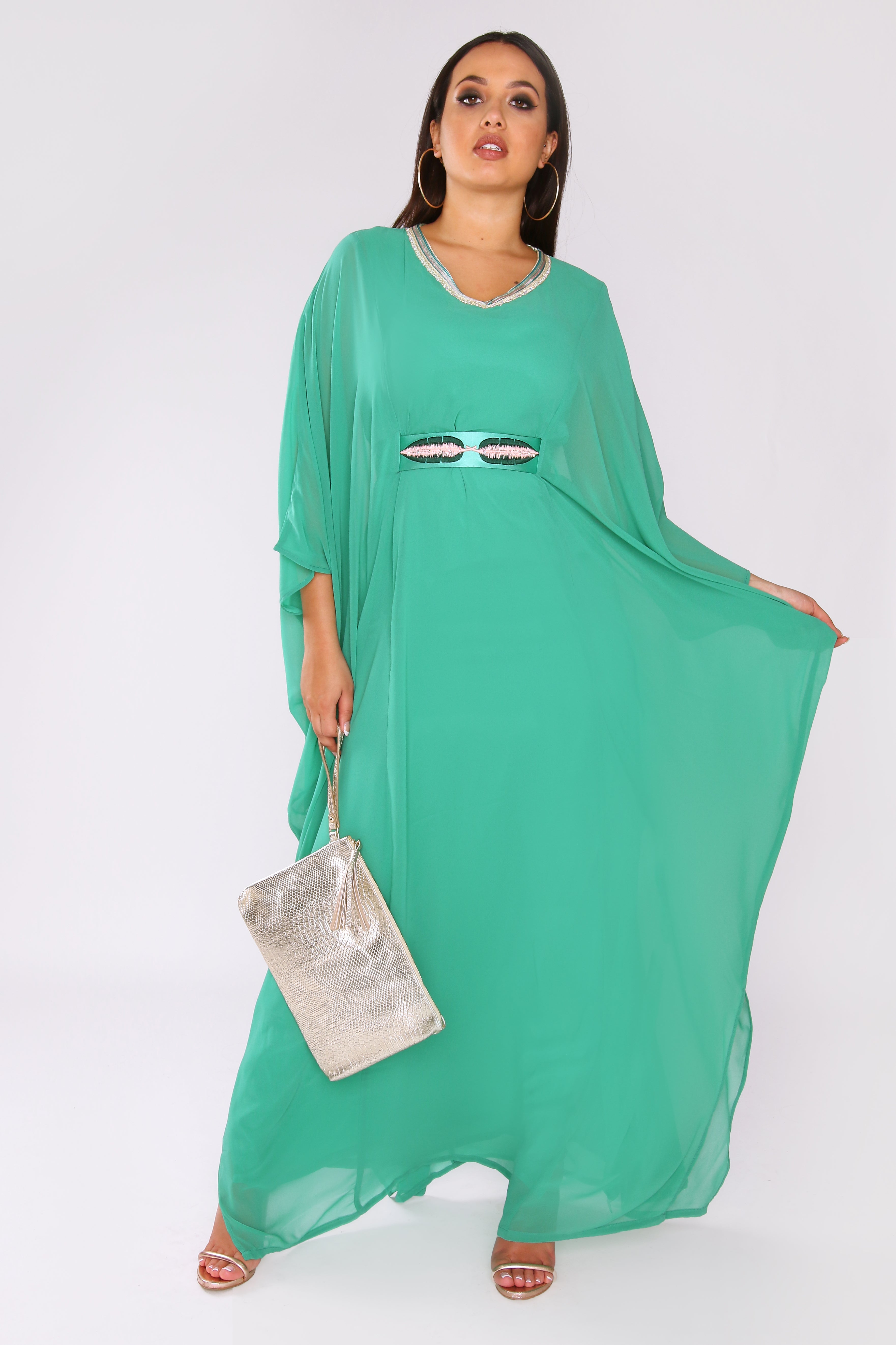 Kaftan Olga Long Sleeve V-Neck Lightweight Maxi Dress in Green
