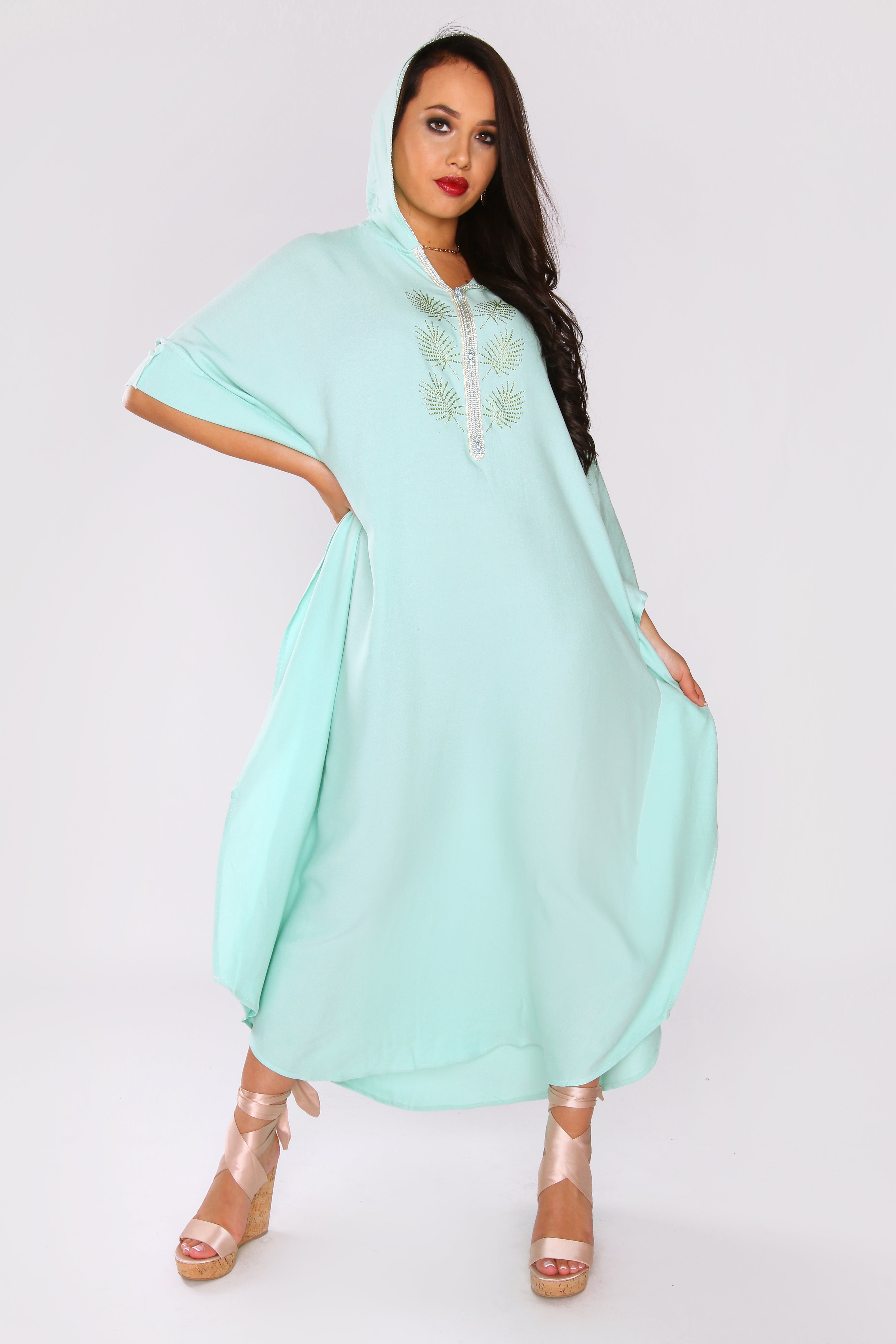 Kaftan Ludmila Cropped Sleeve Hooded Crystal Maxi Dress in Sea Green