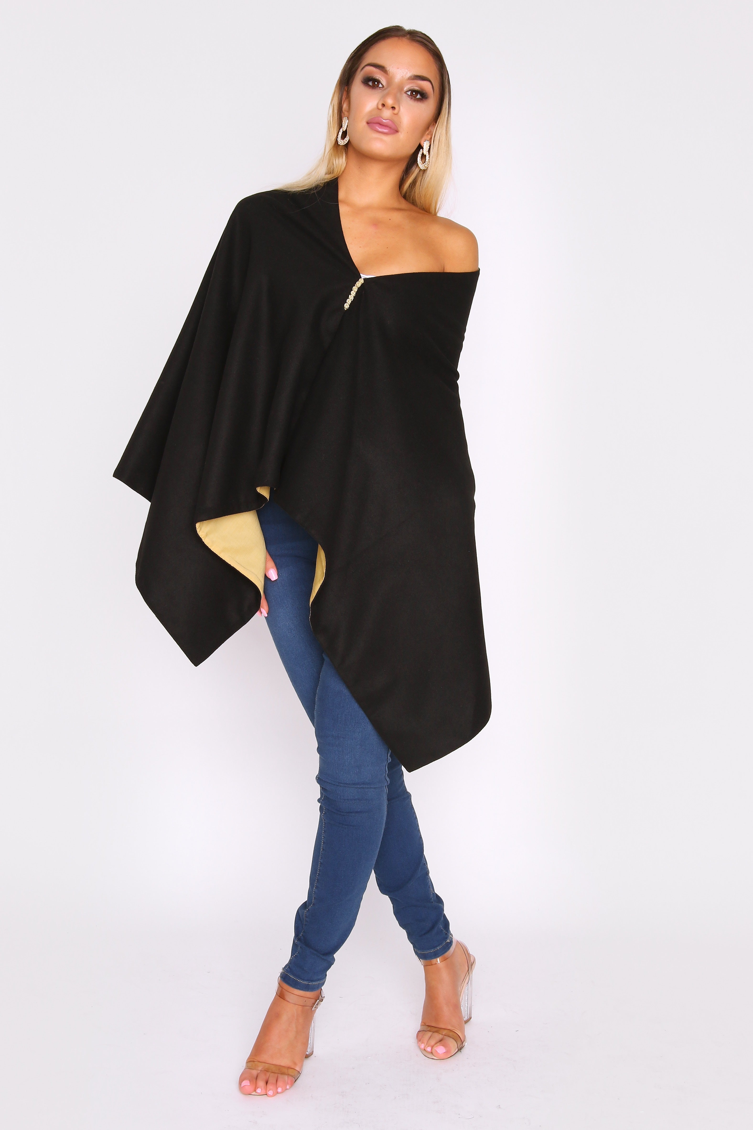 Lilya Collarless Longline Cape Jacket in Contrast Two-Tone Black and Lime Green