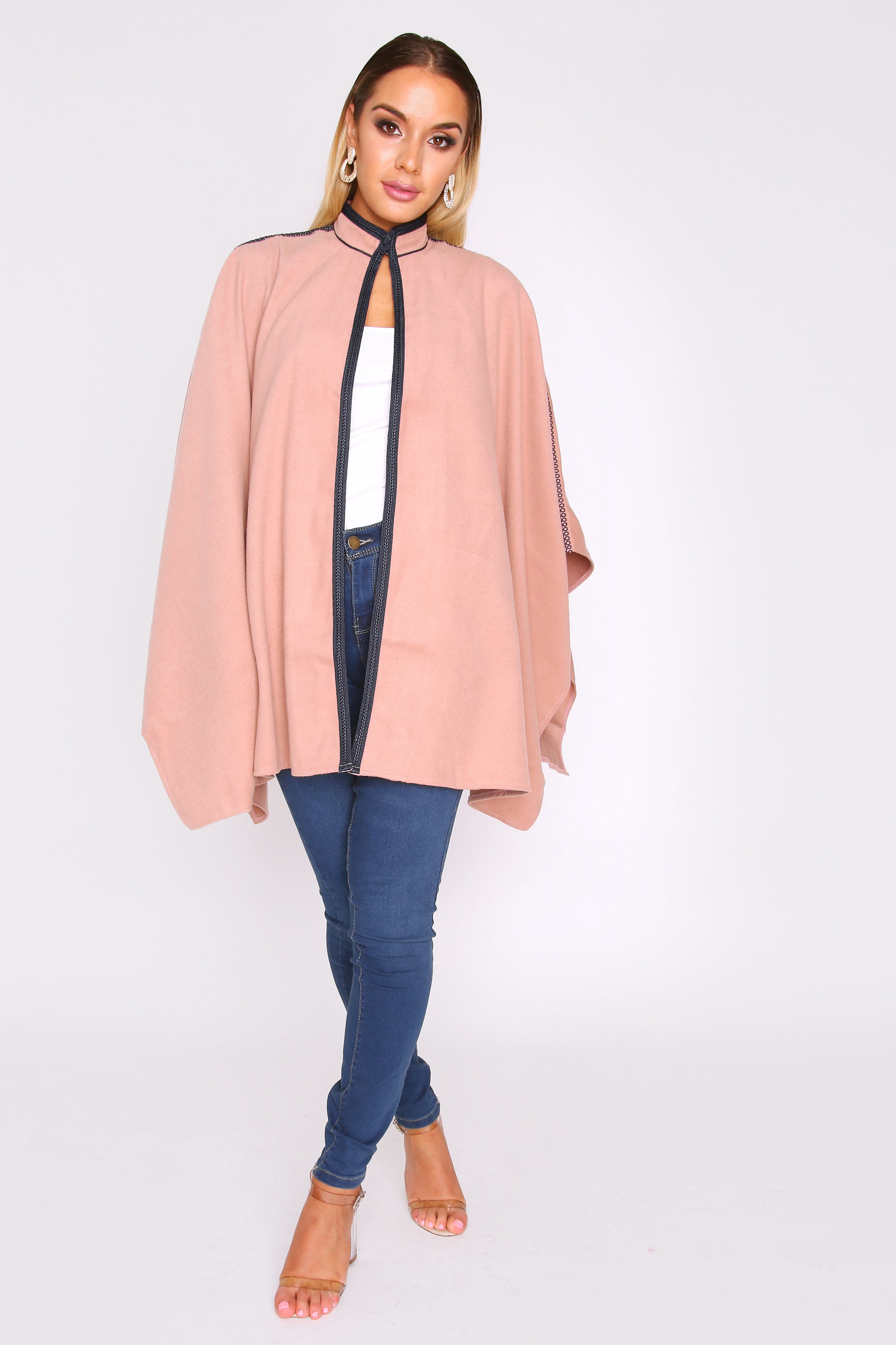 Noha Longline Cape Jacket with Contrast Trim in Nude