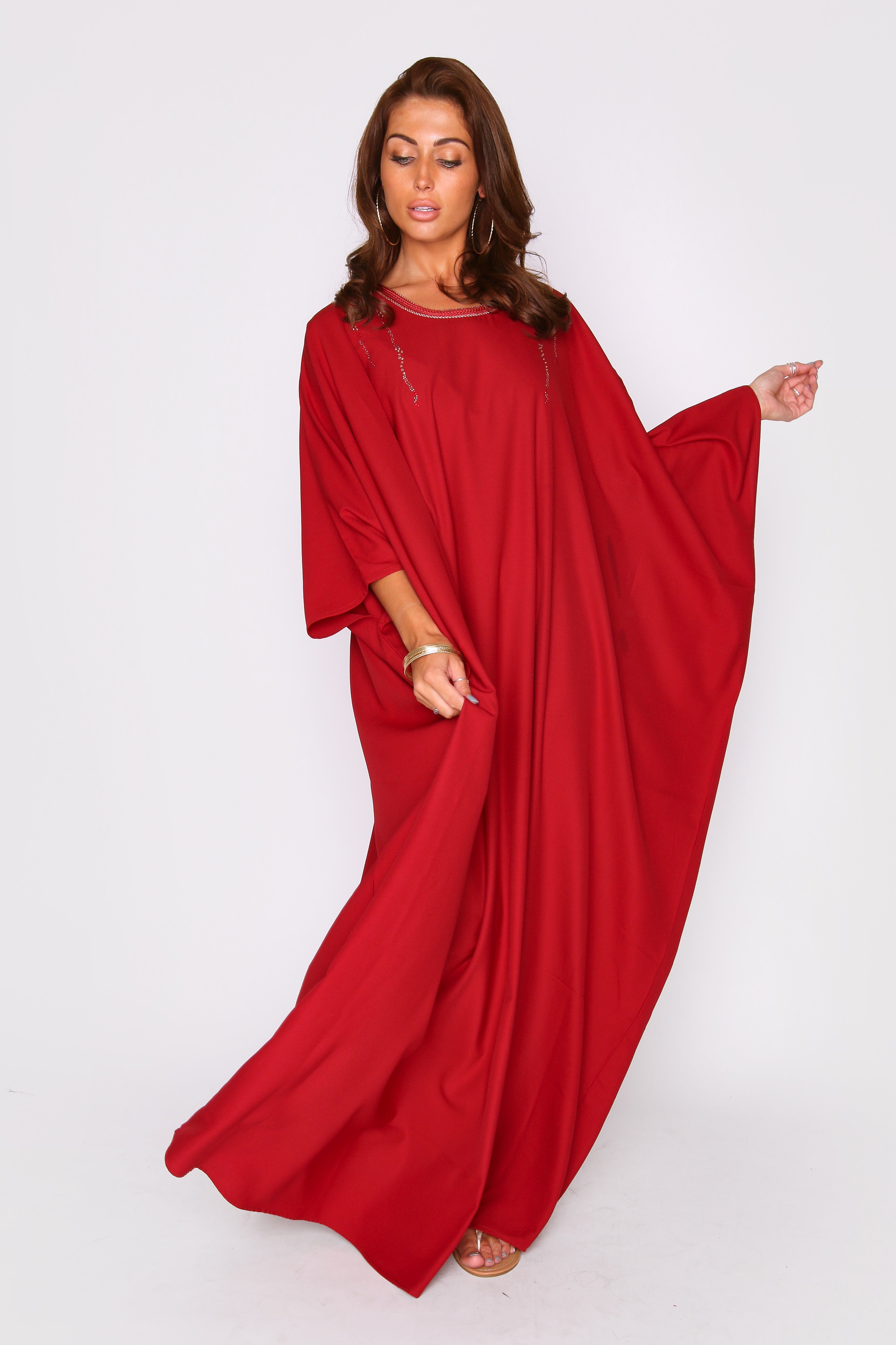 Kaftan Raphaella Oversized Long Sleeve Full-Length Round Neck Maxi Dress in Red Dahlia