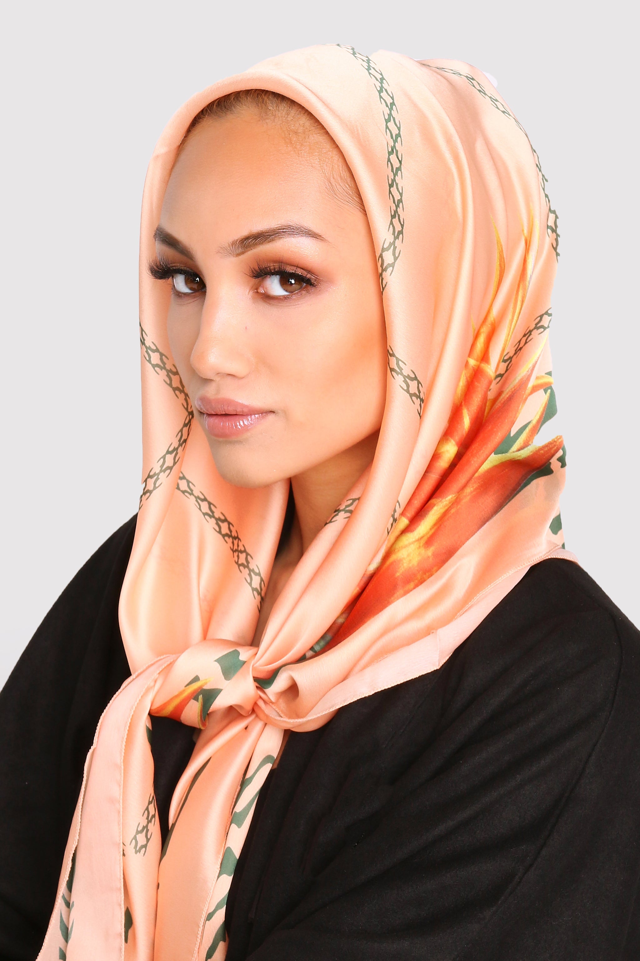 Satin Scarf in Coral & Green Print