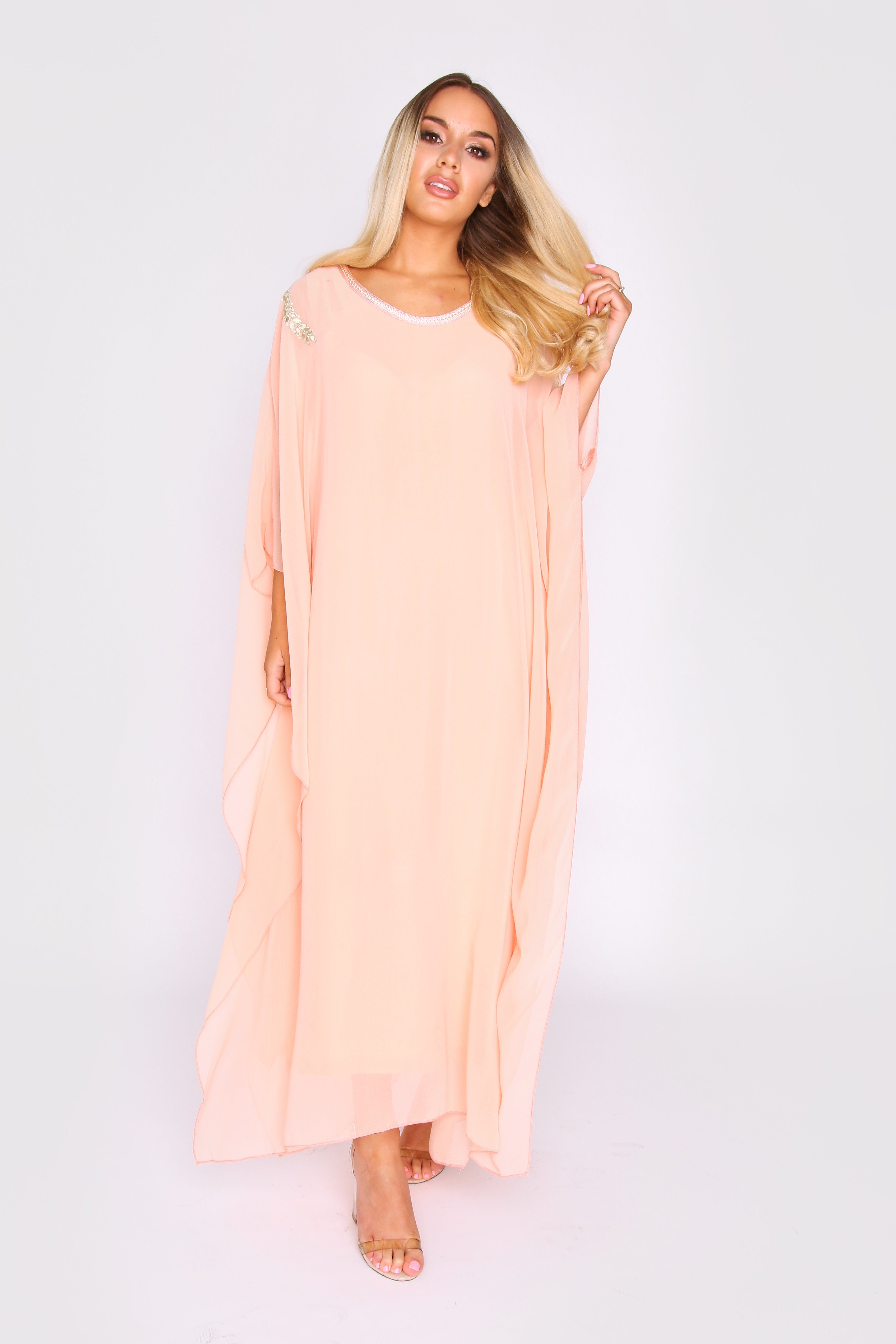 Kaftan Kym Oversized High Neck Lightweight Maxi Dress in Salmon