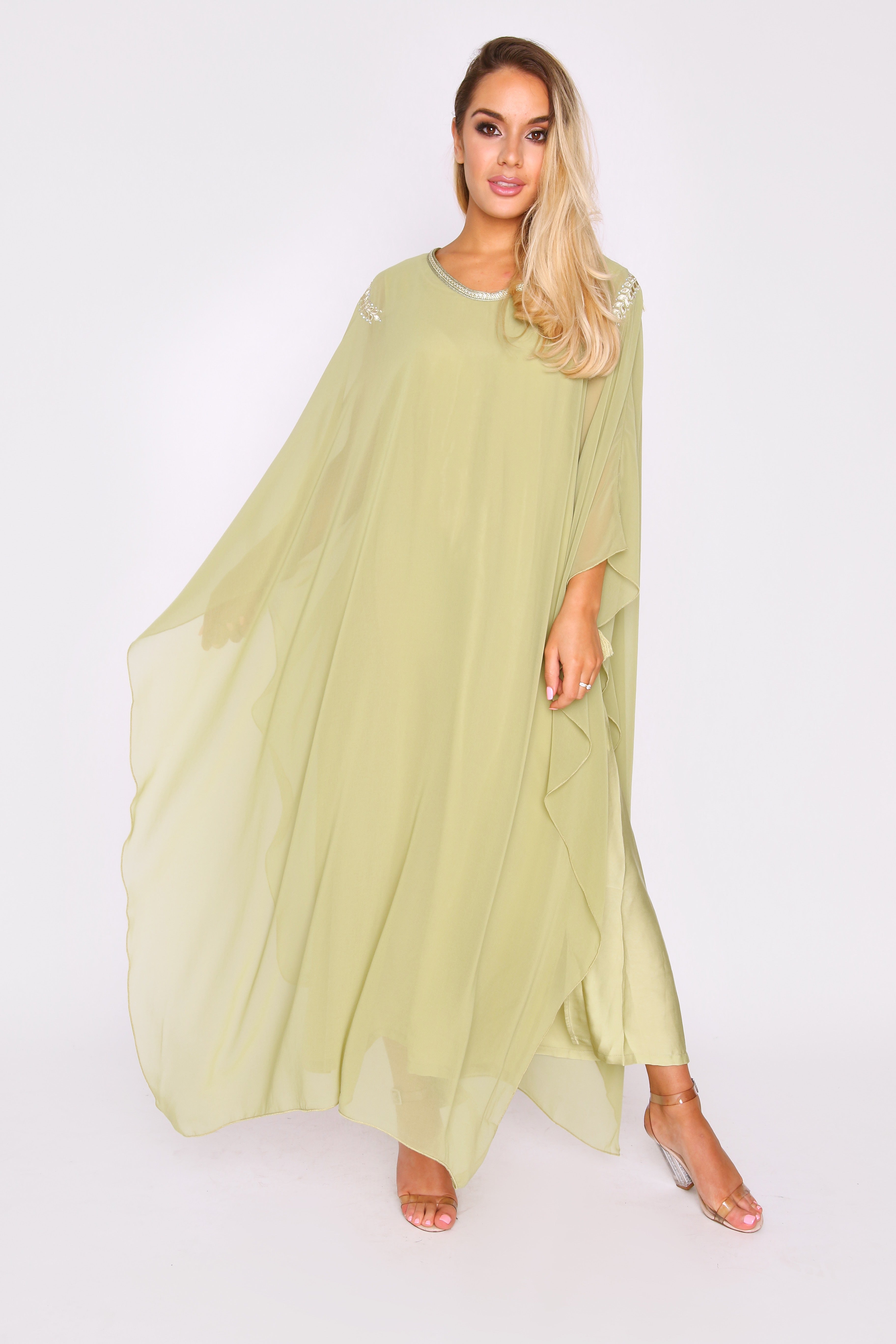 Kaftan Kym Oversized High Neck Lightweight Maxi Dress in Green