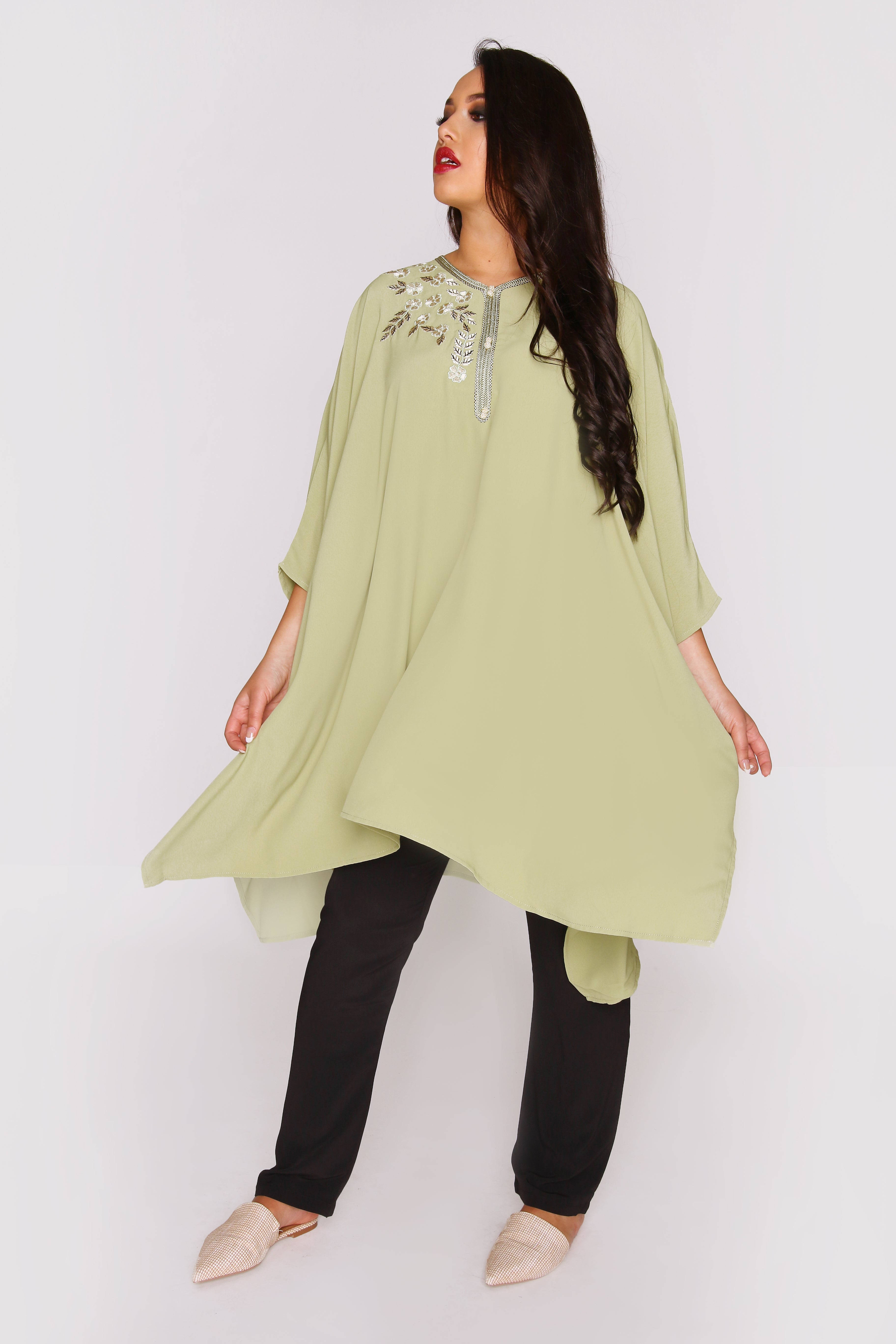 Shifra Longline Cropped Sleeve Top & Trouser Two-Piece Co-Ord Set in Green and Black