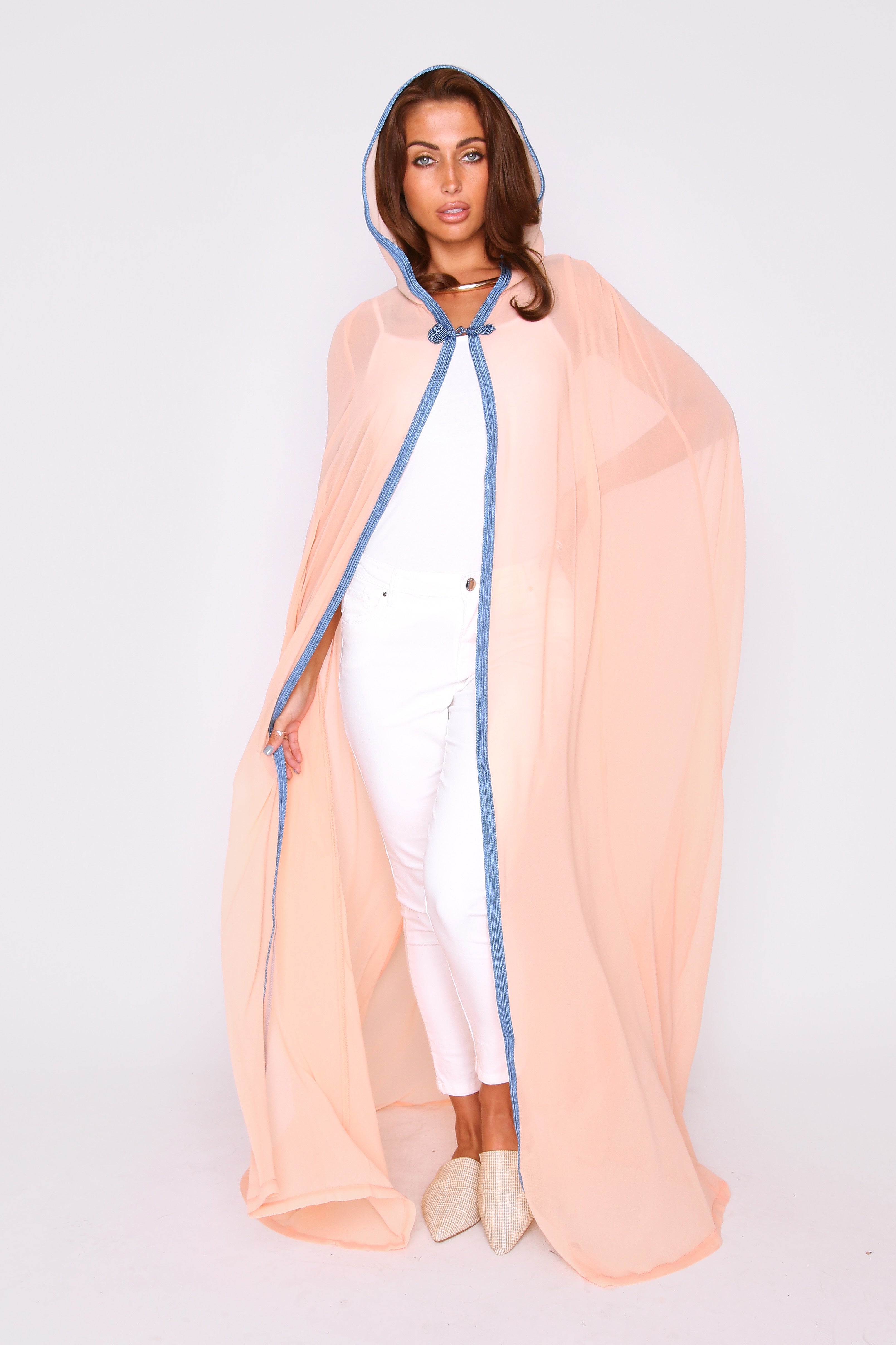 Selham Cherine Full-Length Lightweight Chiffon Hooded Cape Duster jacket in Salmon