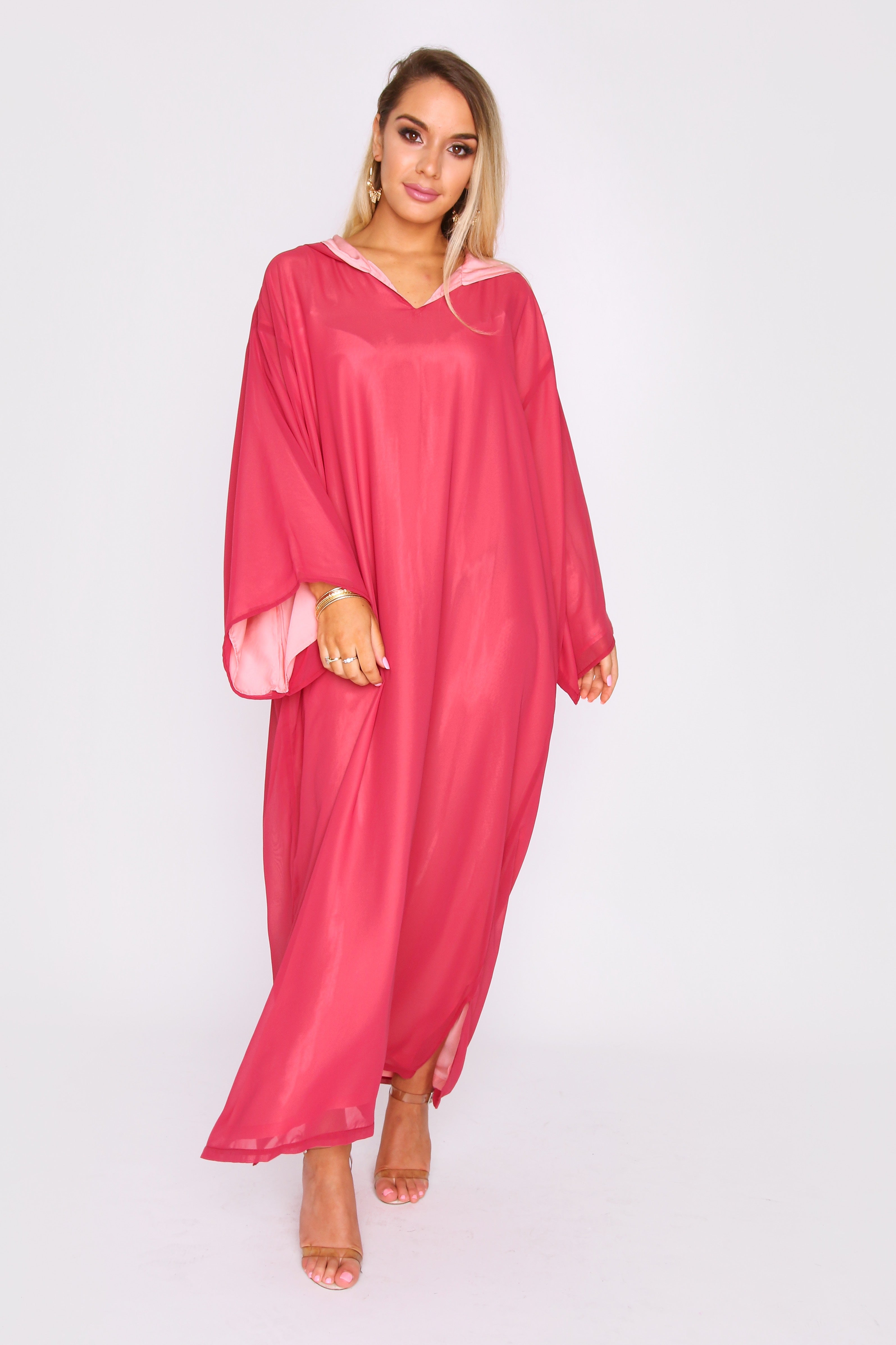 Djellaba Kmiss Basma Oversized Contrast Lining Hooded V-Neck Maxi Dress inåÊRaspberry