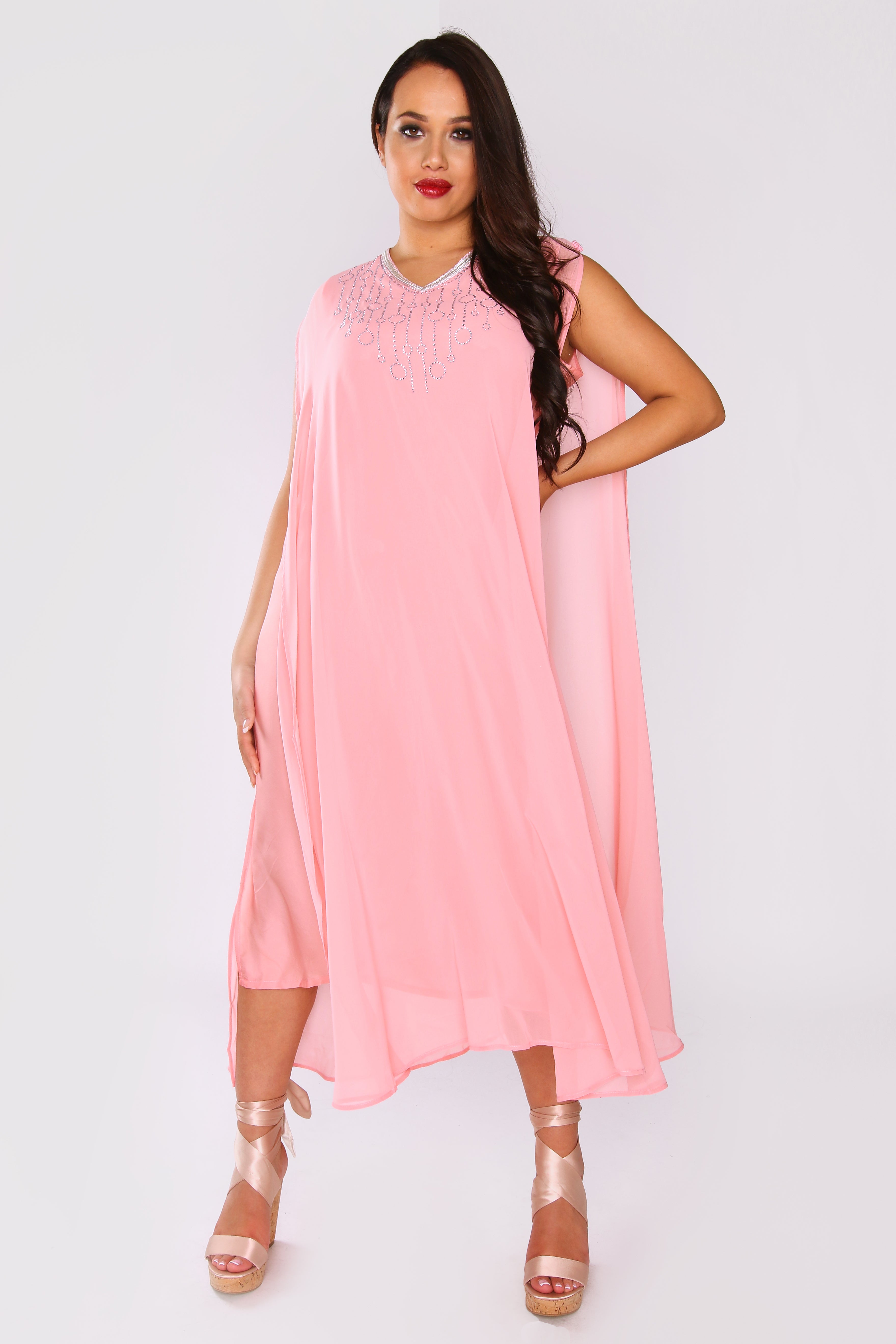 Kaftan Ambre Split Sleeve Layered Maxi V-Neck Crystal Dress in Pink