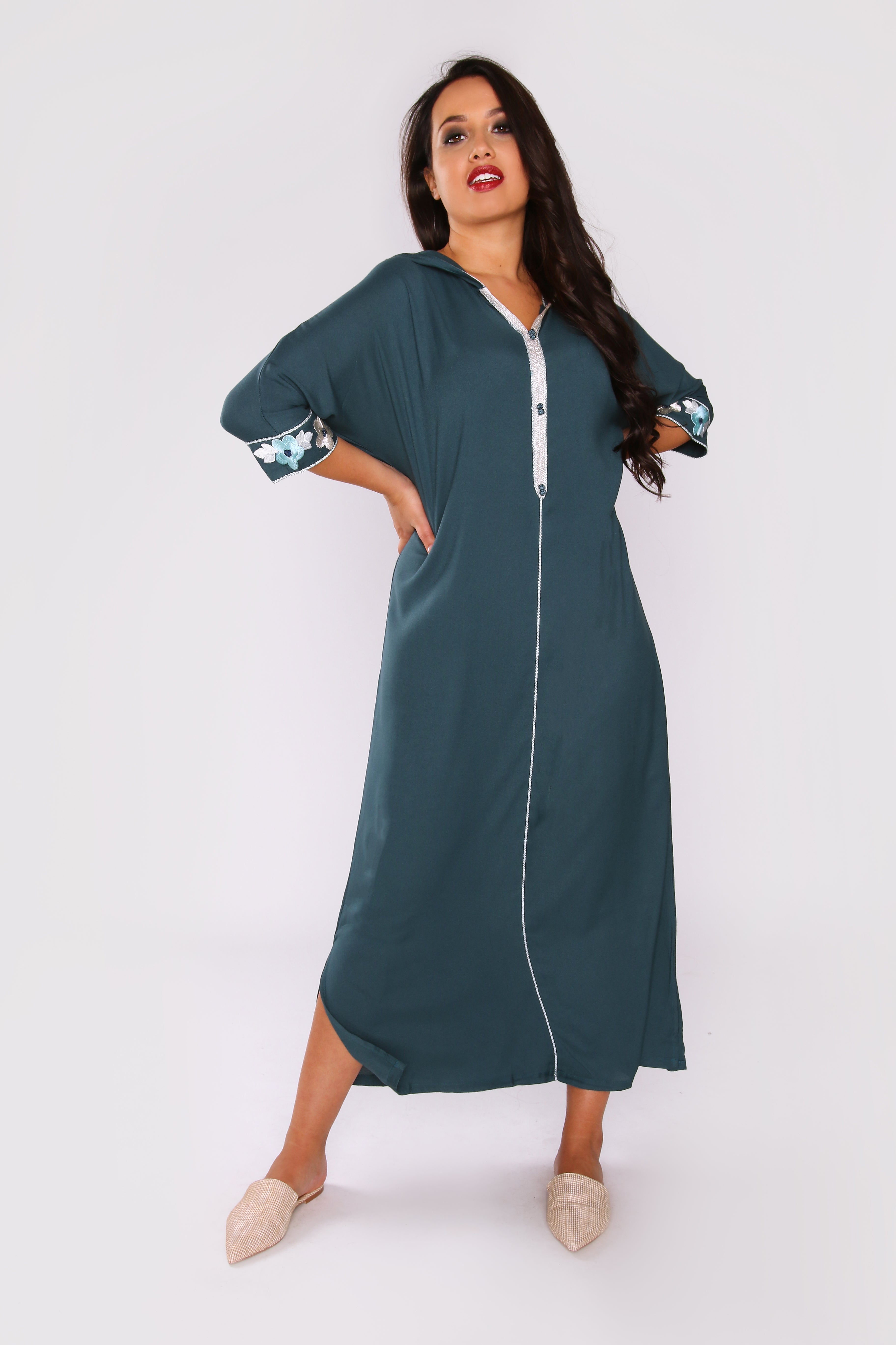 Djellaba Candice Embroidered Cropped Sleeve Hooded Maxi Dress in Petrol