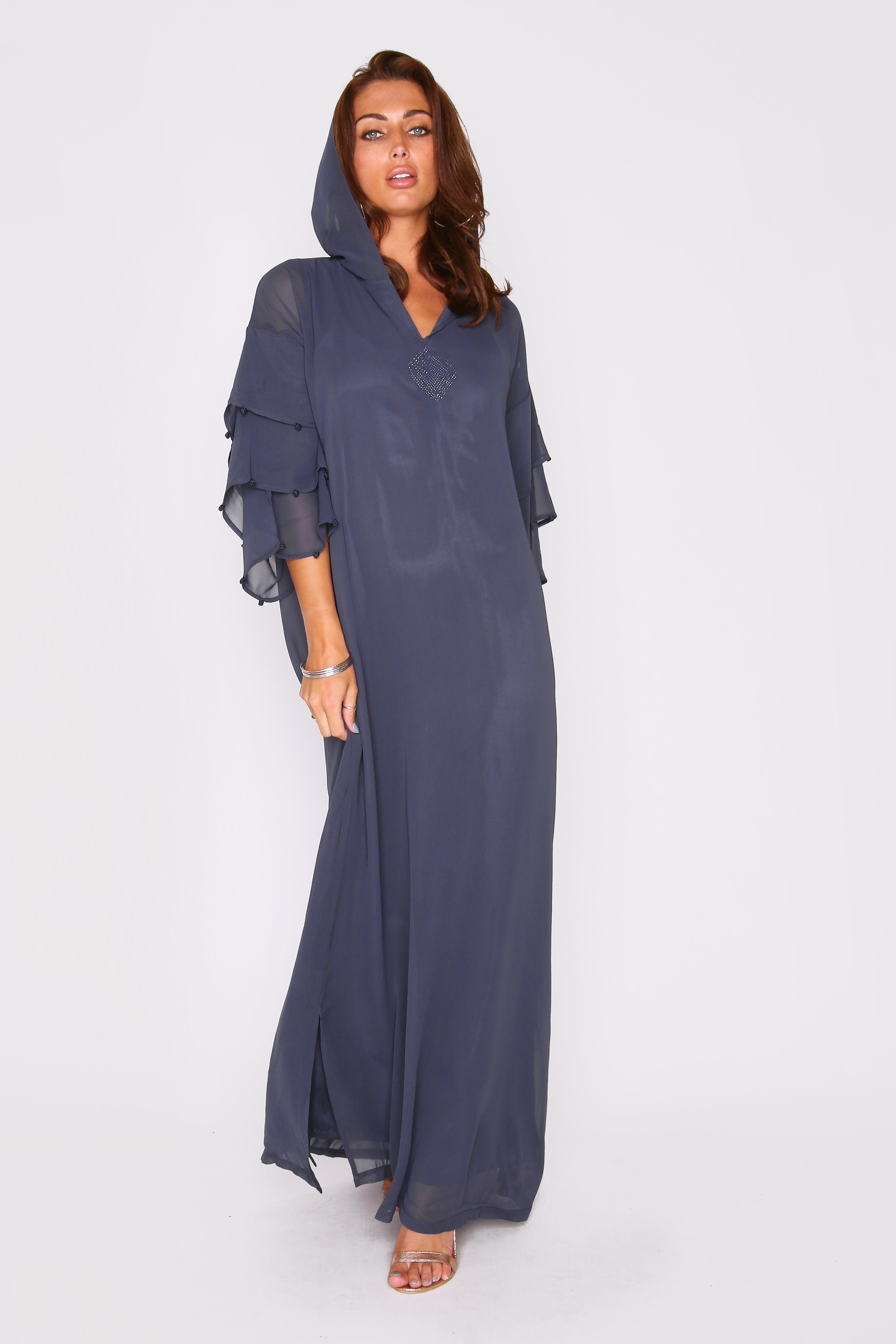 Djellaba Maya Hooded Frill Sleeve Maxi Dress in Marine Blue