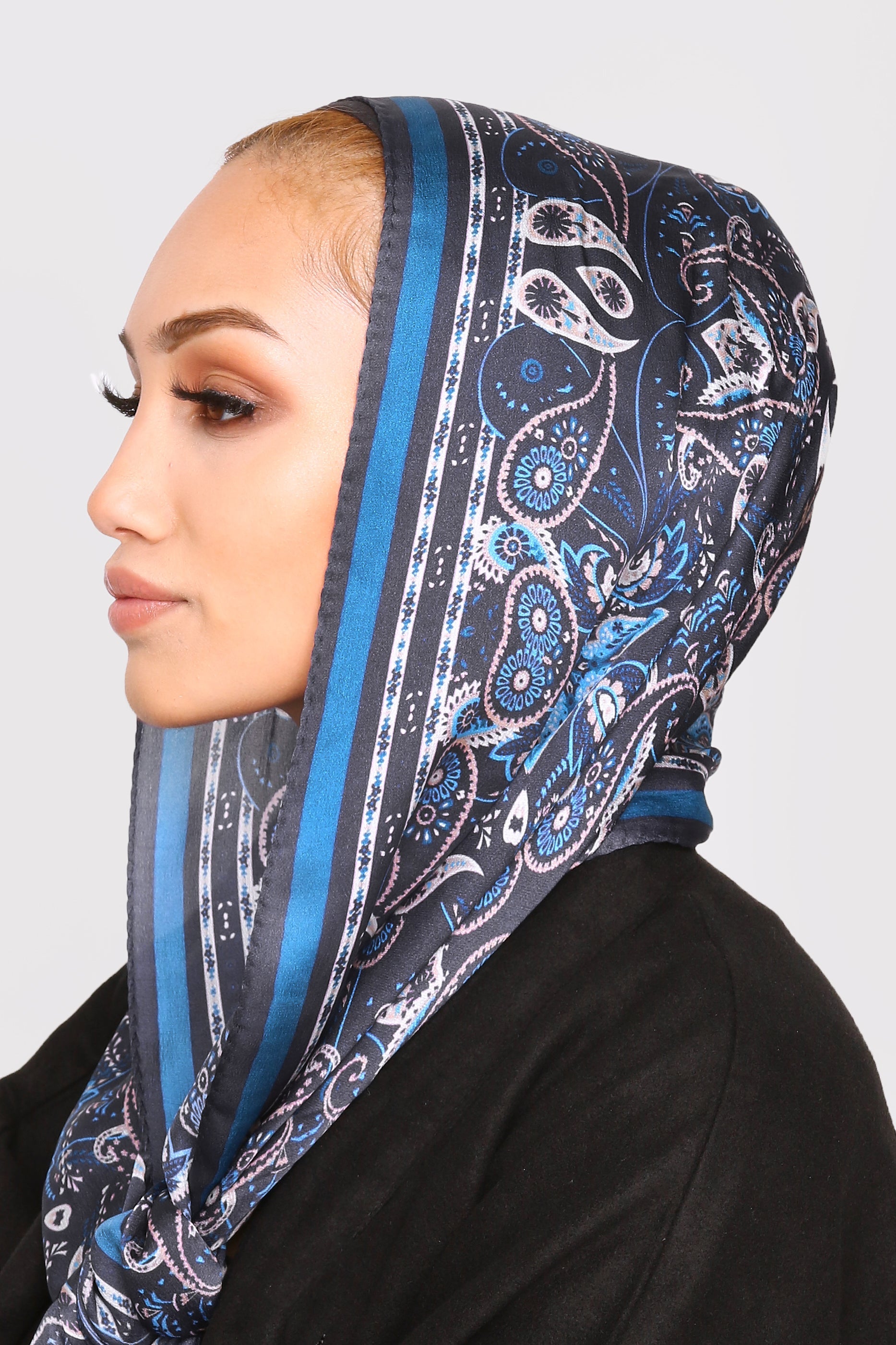 Silk Satin Scarf in Blue Floral Print