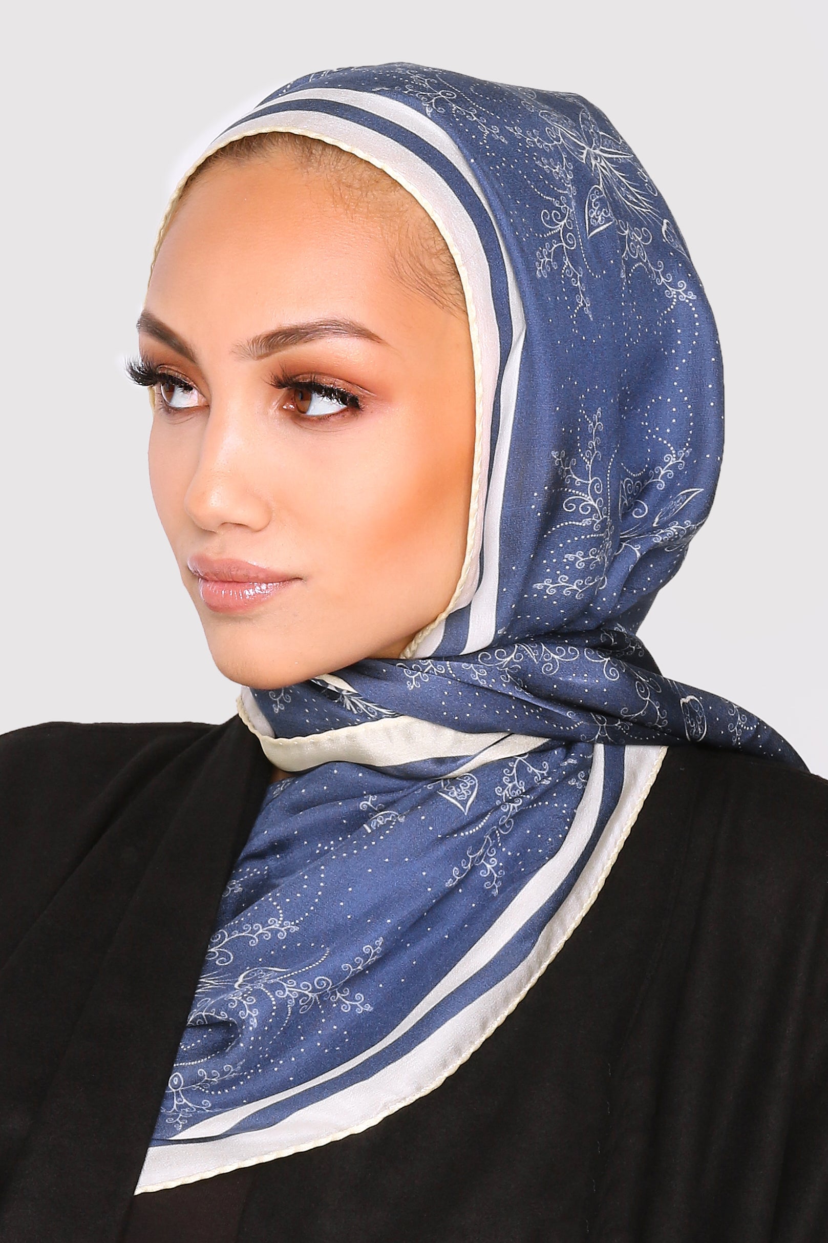Silk Satin Scarf in Blue & Yellow Floral Print