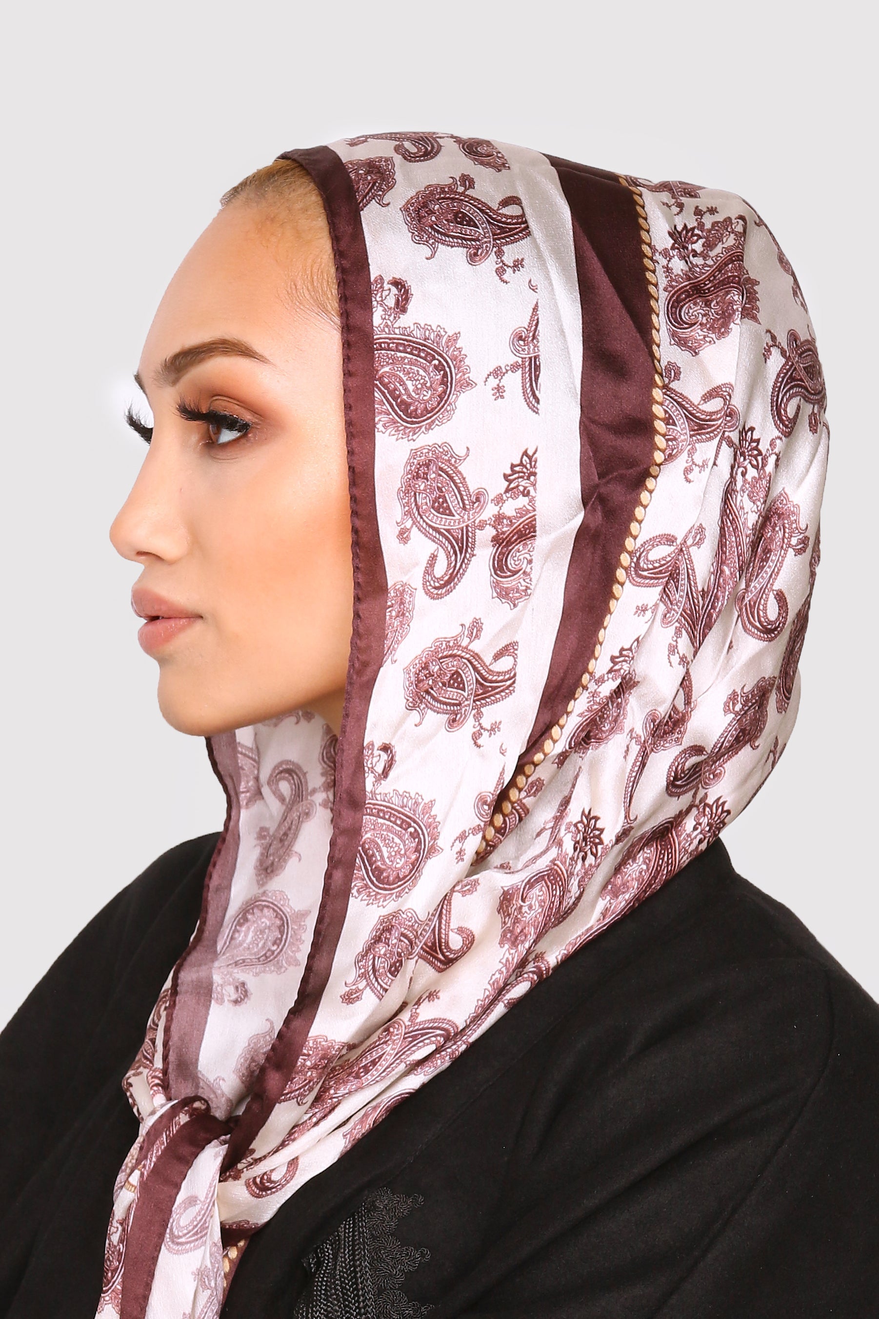 Silk Satin Scarf in Dark Brown & Beige Paisley Print
