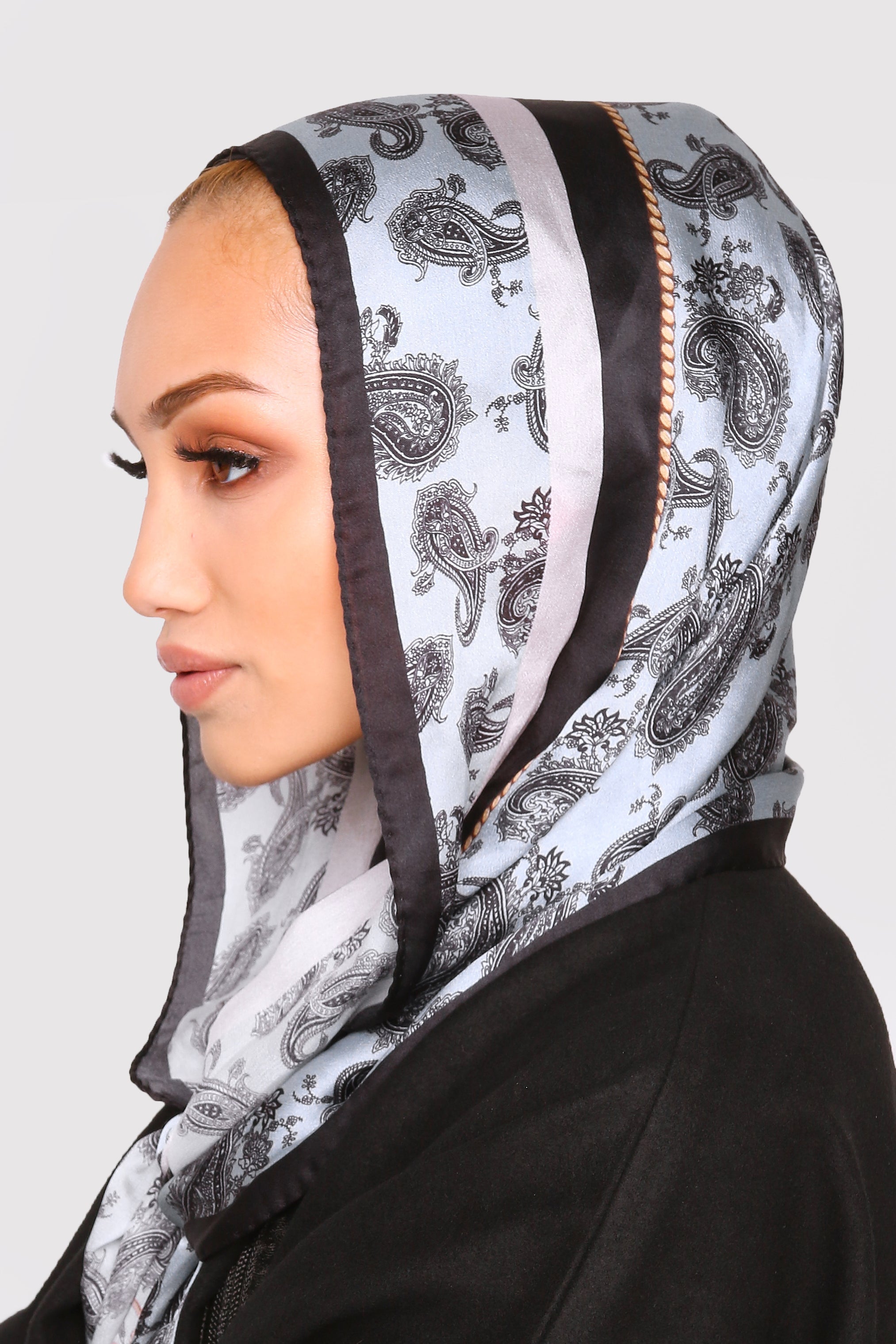 Silk Satin Scarf in Black & Grey Paisley Print