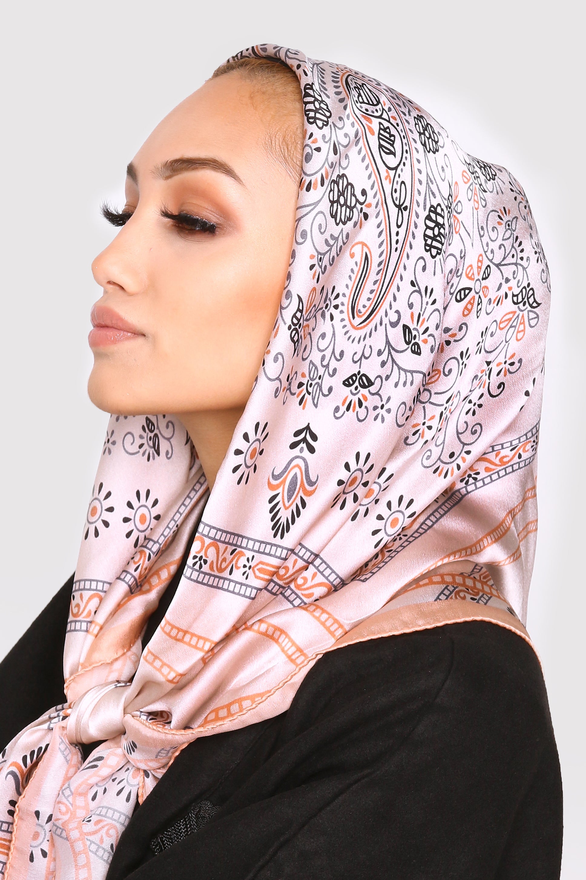 Silk Satin Scarf in Salmon Pink Print