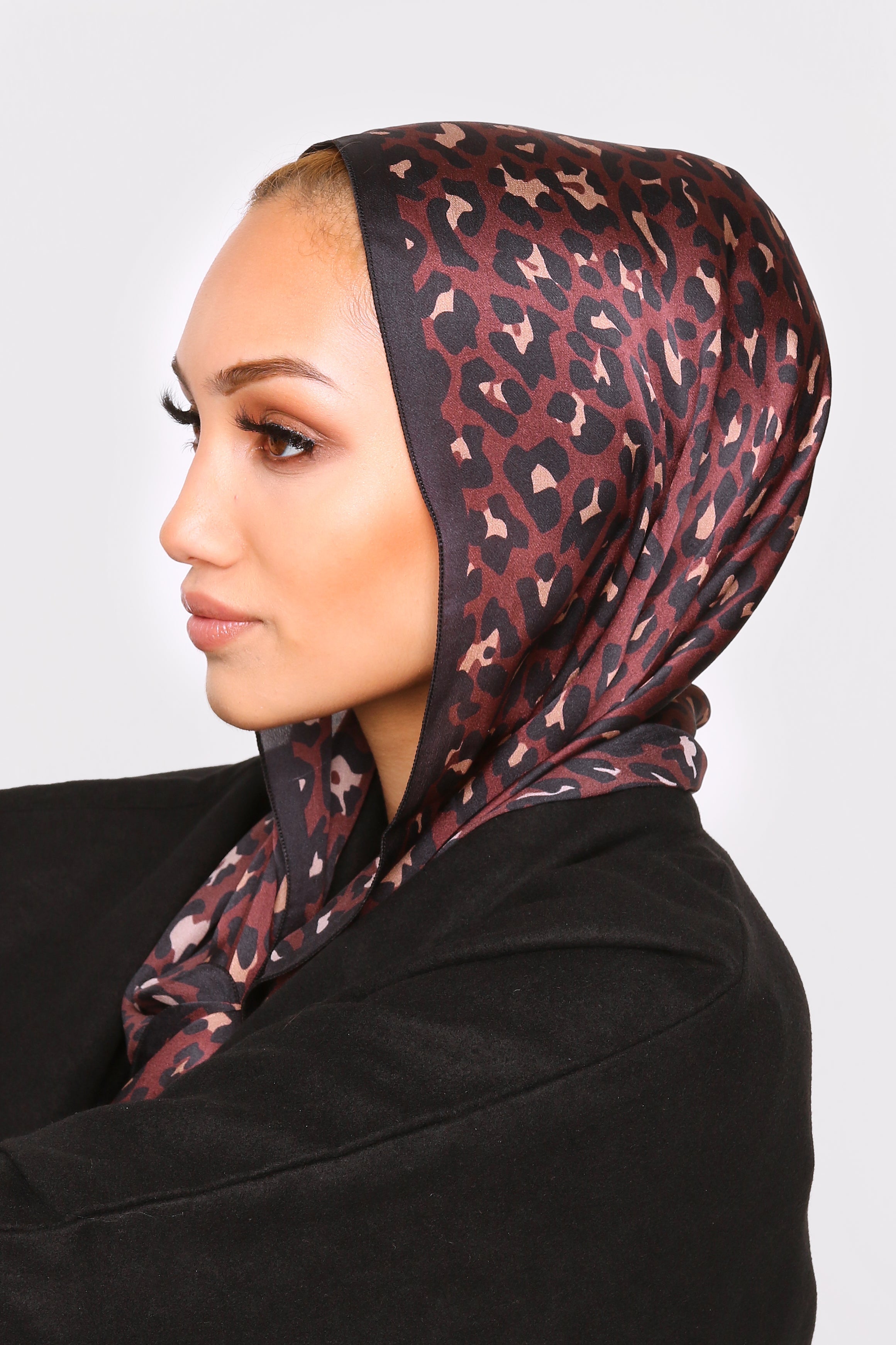Silk Satin Scarf in Burgundy & Black Leopard Print