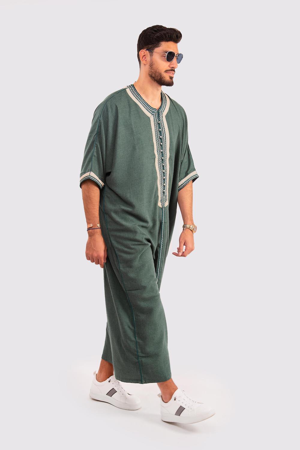 Zakaria Men's Cropped Sleeve Long Gandoura Thobe in Green