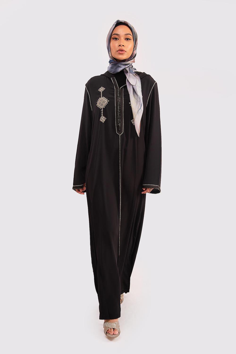Djellaba Ouarda Hooded Embroidered Maxi Dress Kaftan in Black