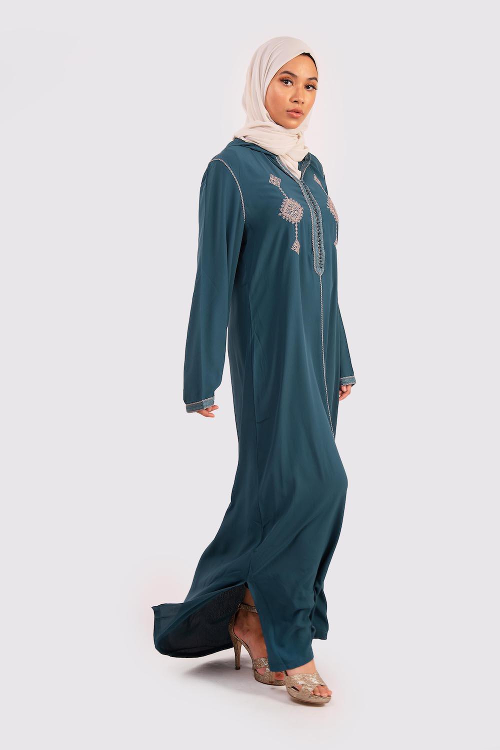 Djellaba Ouarda Hooded Embroidered Maxi Dress Kaftan in Petrol